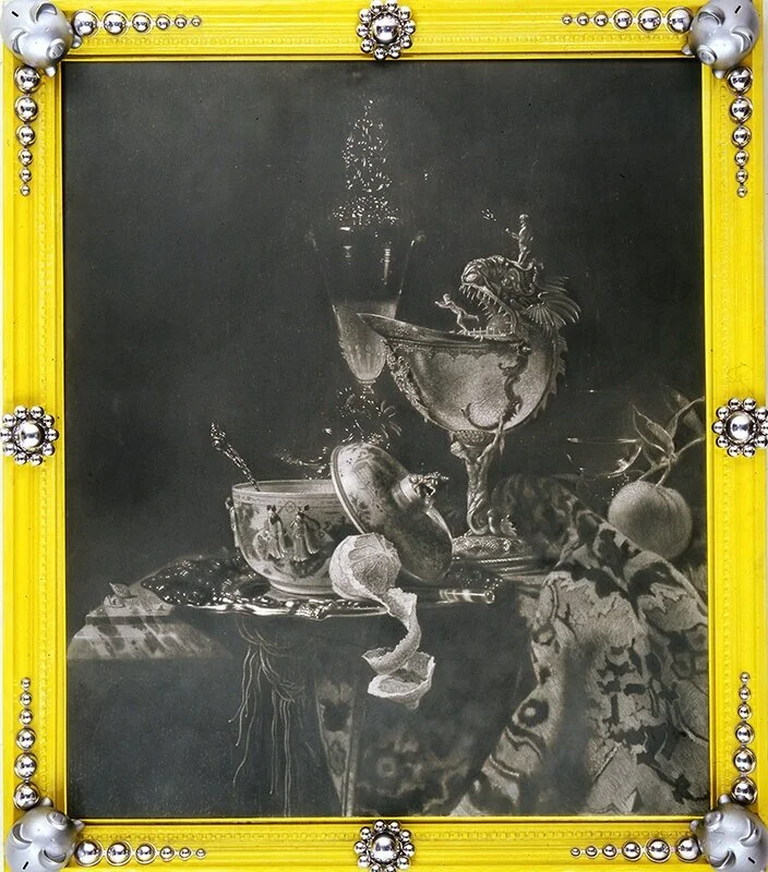 STILL LIFE IN YELLOW FRAME WITH METAL BALLS  After Willem Kalf, Still Life with Lemon, Oranges and Glass of Wine, c. 1663  Graphite and charcoal on canvas in mixed media frame 
 | 92”x 80”, 2005 