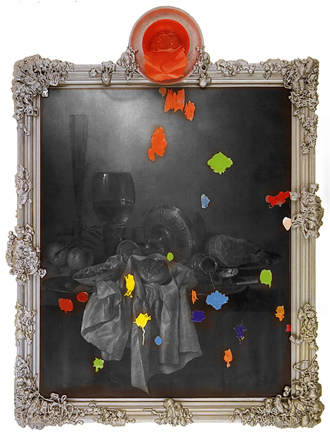 STILL LIFE IN SILVER FRAME WITH ORANGE PLASTIC PLATE  After Willem Claesz, Heda  Still Life, 1651 Graphite and charcoal on canvas in mixed media frame | 110”x 86”  2005 