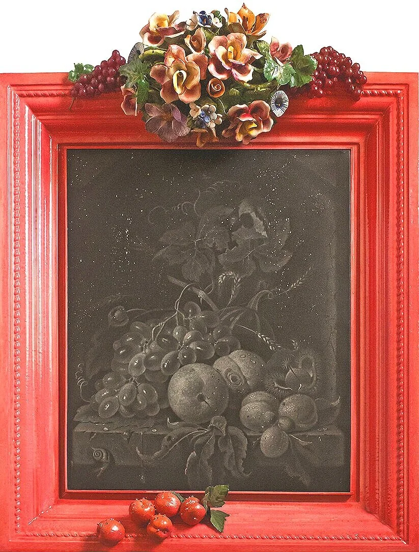 STILL LIFE IN RED FRAMEWITH FLOWERS Graphite and charcoal on canvas in mixed media frame 52”x  42” x  12”,  2005 Estate