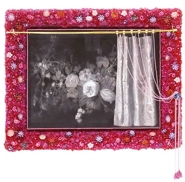 STILL LIFE IN RED FRAME WITH FLOWERS AND CURTAIN  Graphite & charcoal on canvas in mixed media frame 44"x 54", 2005