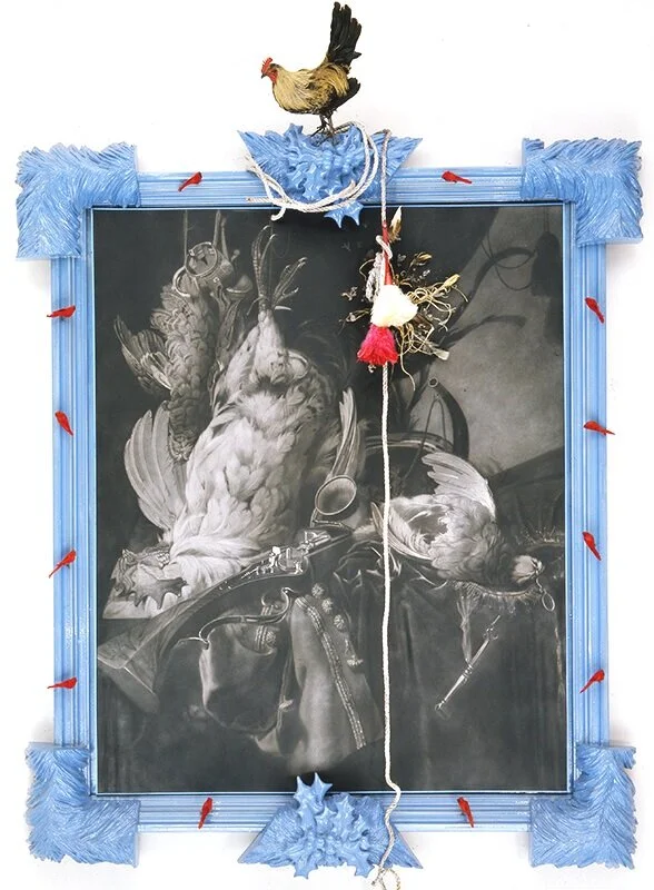 STILL LIFE IN BLUE FRAME WITH ROOSTER  After Willem Van Aelst, Still-Life of Dead Birds & Hunting Weapons, 1674 Graphite and charcoal on canvas in mixed media frame | 122”x 83”, 2005 