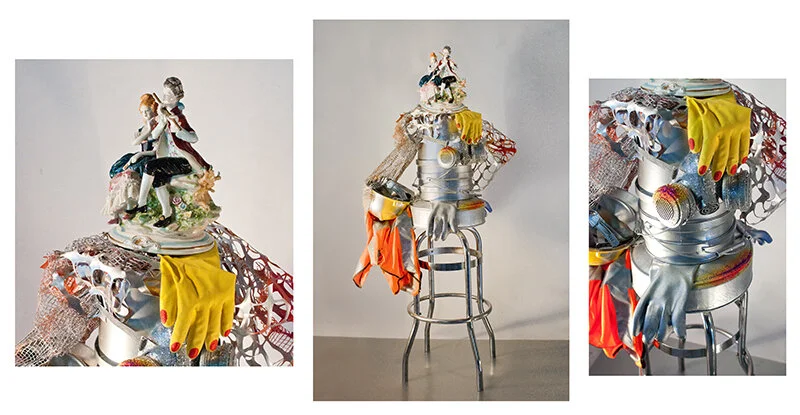 LOVERS Found objects & Italian porcelain figurines on bar stool | 58"x 14", 2013 Estate