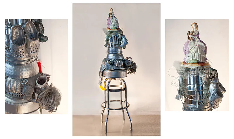 LADY IN WAITING #2 Found objects & Italian porcelain figurine on bar stool | 58"x 14", 2013 Estate
