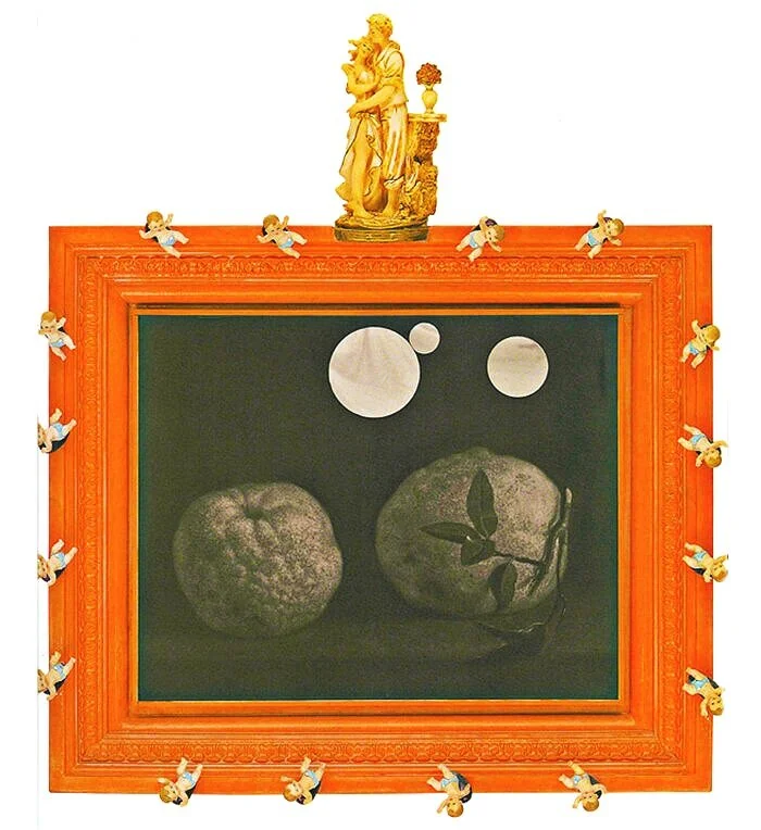 STILL LIFE IN ORANGE FRAME WITH BABIES Graphite and charcoal on canvas in mixed media frame 42”x  52”, 2005