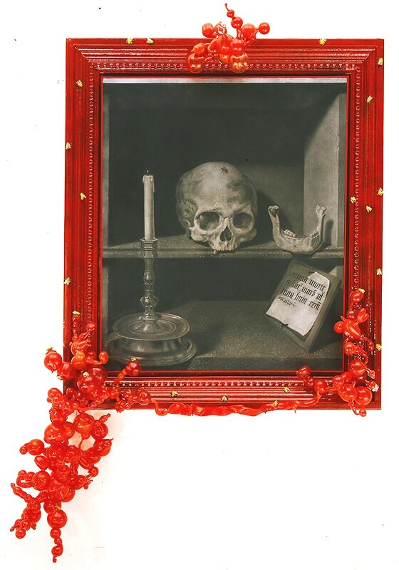 MEMENTO MORI IN RED FRAME WITH GLASS  After Barthel Bruyn the Elder, Vanitas, 1524 Graphite and charcoal on canvas in mixed media frame  68"x 56", 2005 