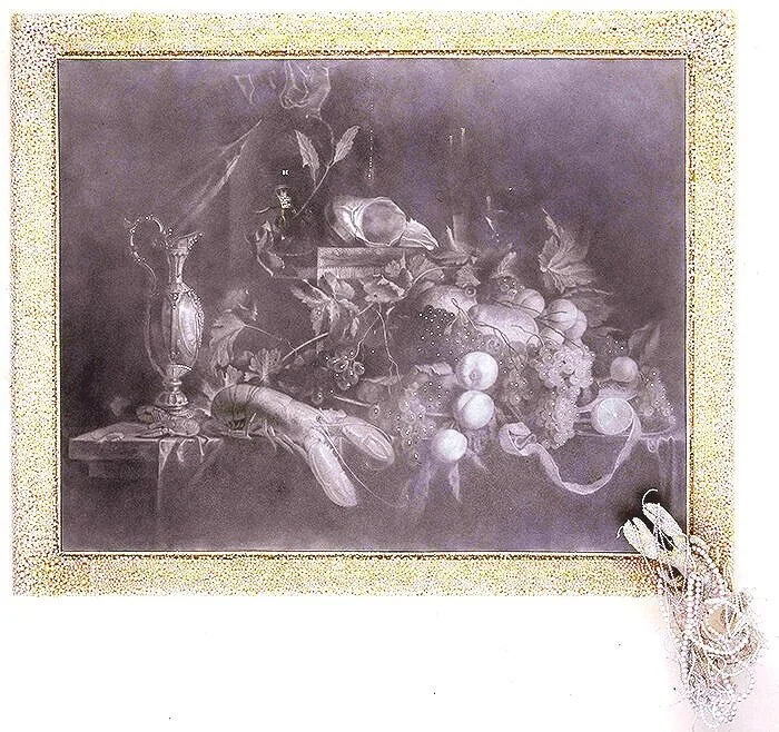 STILL LIFE IN FRAME WITH PEARLS AND LOBSTER    After Jan Davidz de Heem, Still Life with Fruits and Lobster, c.1648/49 Graphite and charcoal on canvas in mixed media frame | 80”x 92”, 2005 