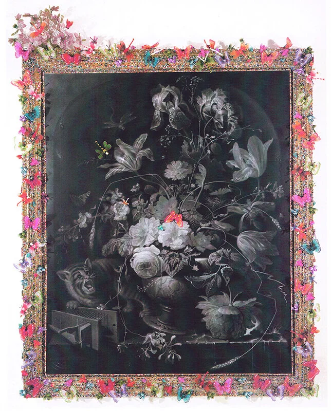STILL LIFE IN FRAME WITH BUTTERFLIES  After Abraham Mignon, Still Life of Flowers with Cat and Mouse Trap, c. 1670-1675 | Graphite and charcoal on canvas in mixed media frame 109”x  87”,  2005 