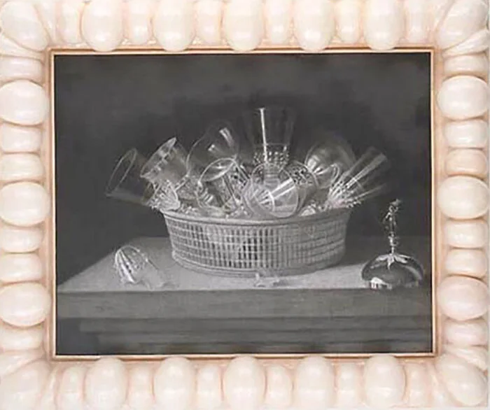 STILL LIFE IN FRAME WITH BUBLES  After Sebastian Stosskopf, Basket with Glasses, 1644  Graphite and charcoal on canvas in mixed media frame | 86”x  108”,  2005