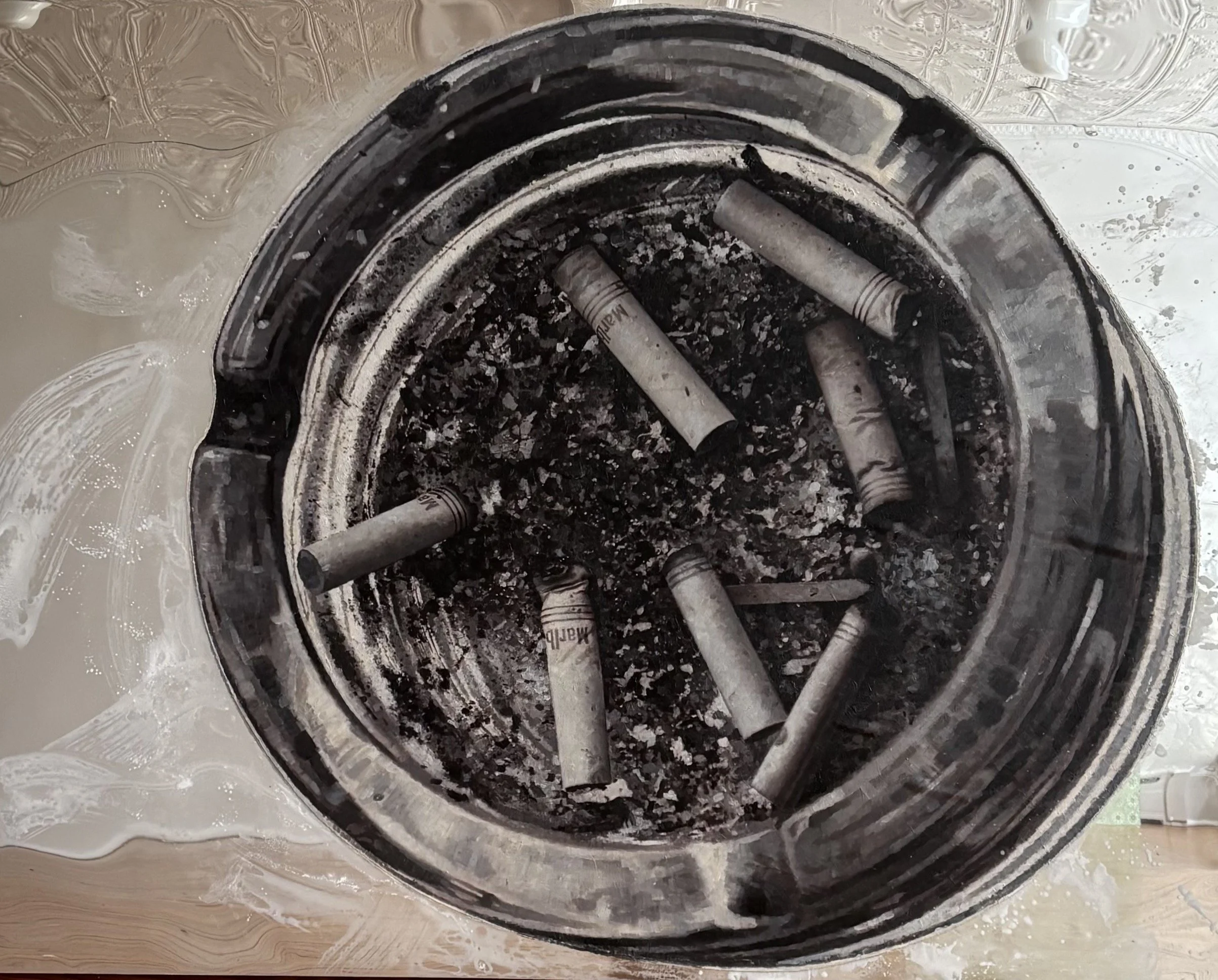ASHTRAY, 2008 
Oil on canvas mounted on plastic mirror 
60″ x  49″" Provenance: 
Stux Gallery, New York, 2013 
Black & White Gallery / The Solo Project Art Fair, Basel, Switzerland 2011 
Black & White Gallery, Brooklyn, NY, 2017