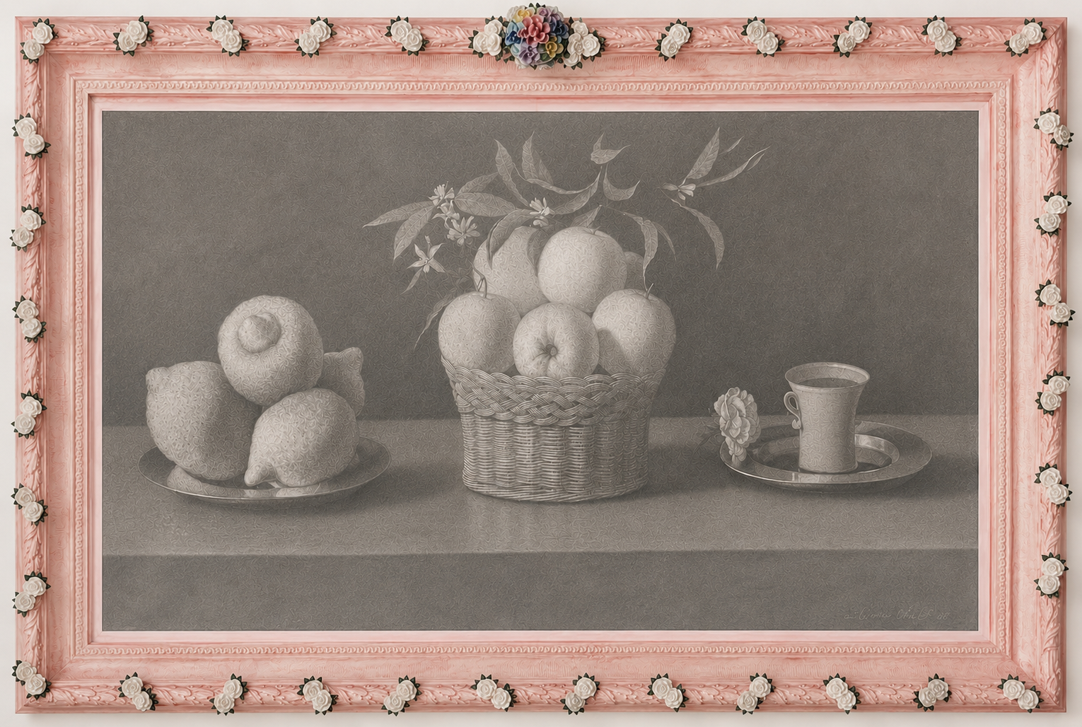 STILL LIFE WITH LEMONS IN PINK FRAME WITH FLOWERS, 2005 Graphite, charcoal on canvas in mixed media frame 48 x  60 in. (121.9 x 152.4 cm)