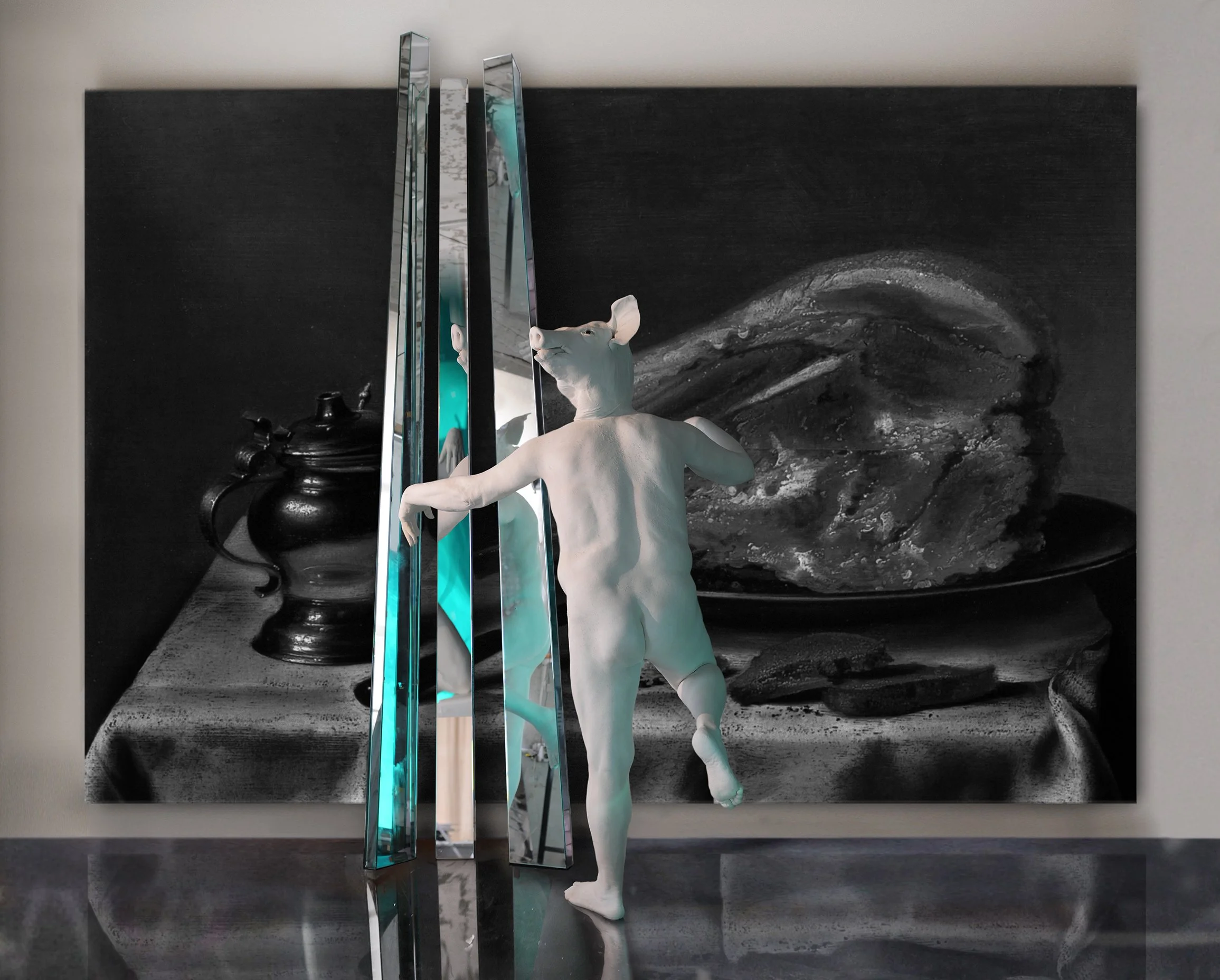 STILL-LIFE WITH PORK SHOULDER BUTT, 2008 
Oil on canvas, mirror panels, 142″x 117" x 10" 
Fiberglass & marble dust sculpture, 70″x 40″  Provenance: 
Stux Gallery, New York, 2008 
K Gallery, St. Petersburg, Russia, 2013