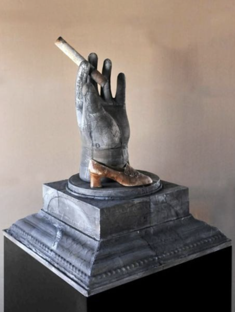 SMOKING HAND, 2000 
Fiberglass, oil paint on canvas, found object 
31″ x  26″ x 26″