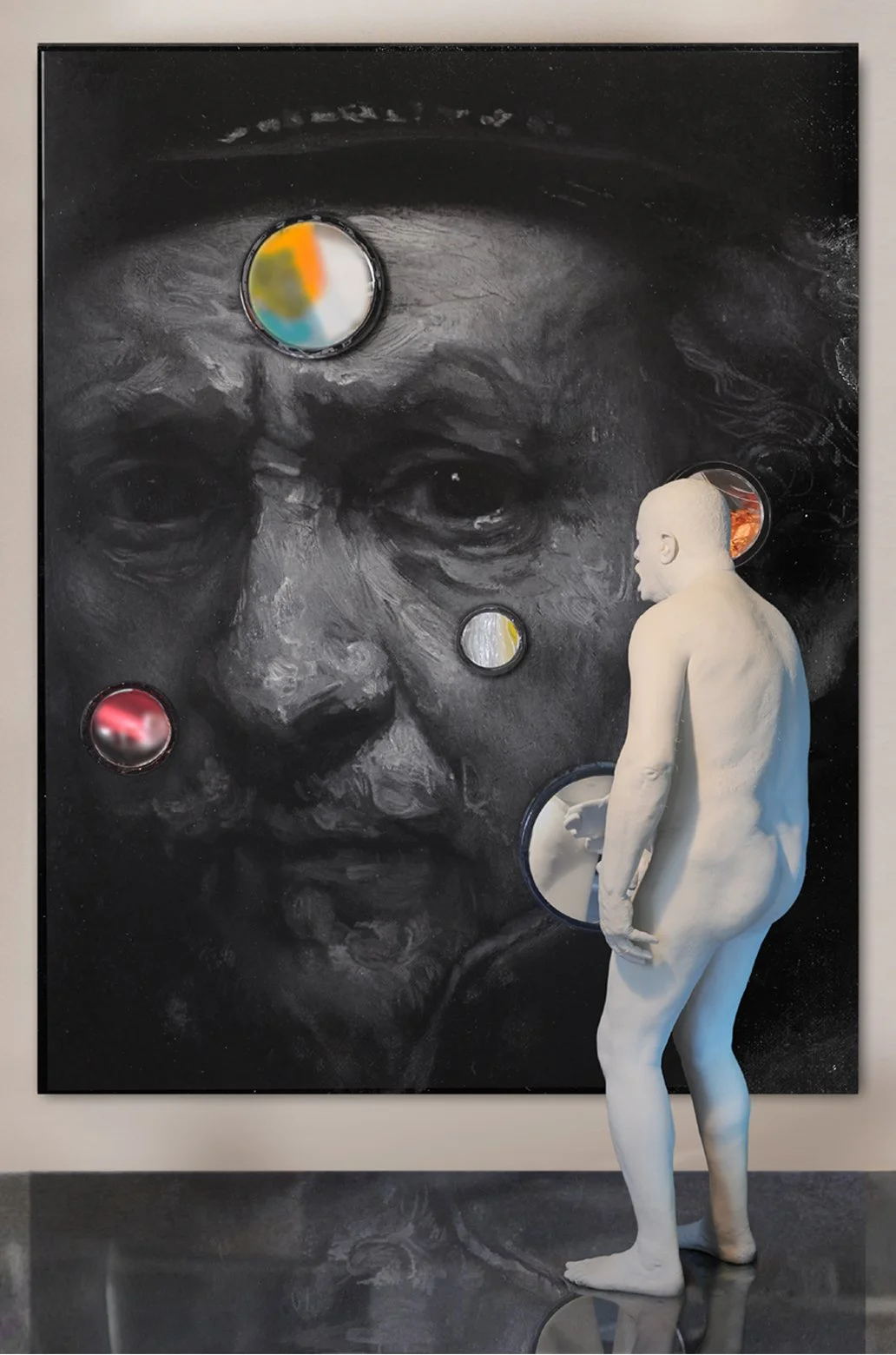 SELF PORTRAIT WITH REMBRANDT, 2008 
Painting: oil, mirrors on canvas, 110″x79″ 
Sculpture: fiberglass & marble dust, 70”x 40”  Provenance: 
Stux Gallery, New York, 2008 
K Gallery, St. Petersburg, Russia, 2013