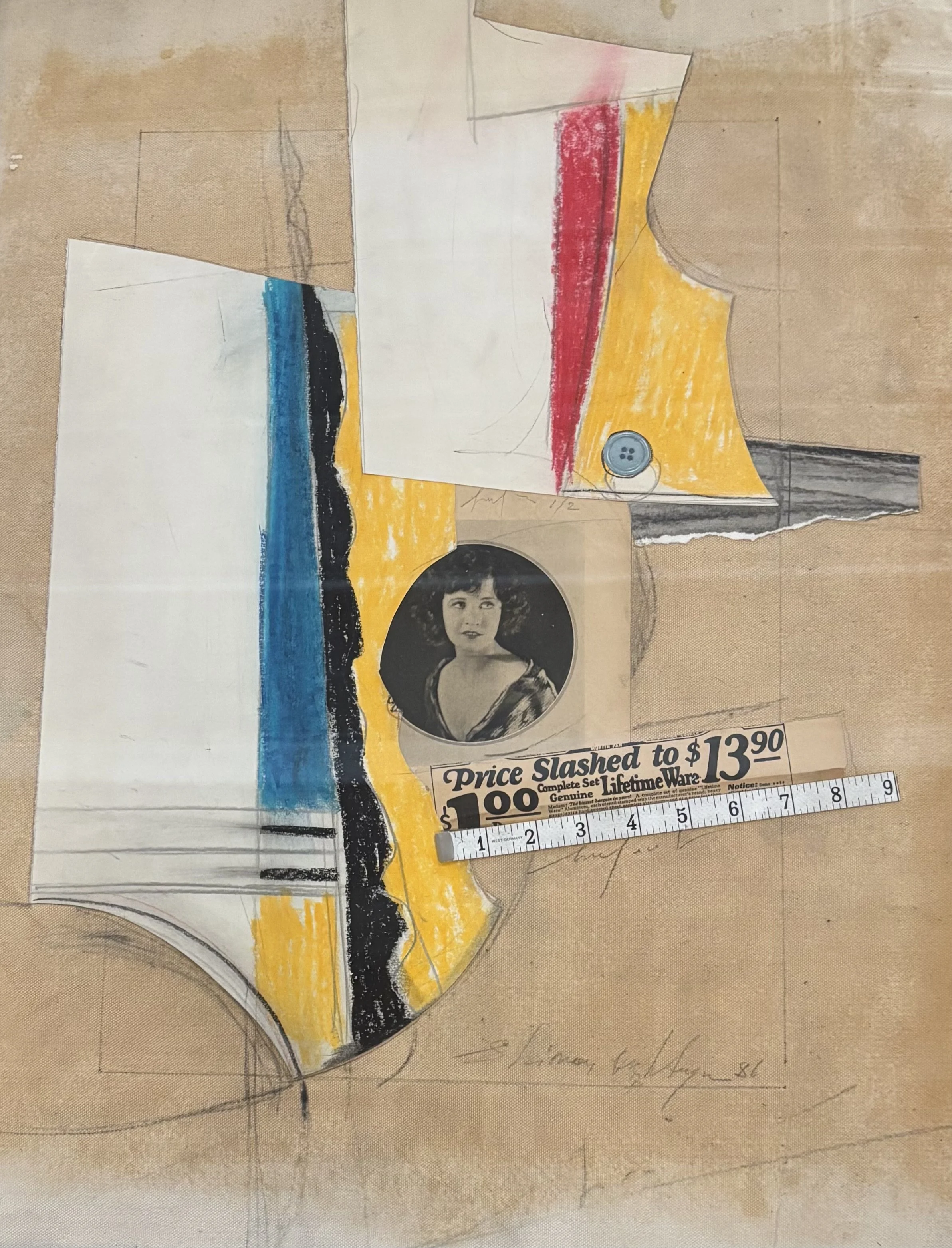 PRICE SLASHED, 1986 
Collage on linen, 27″x 21″