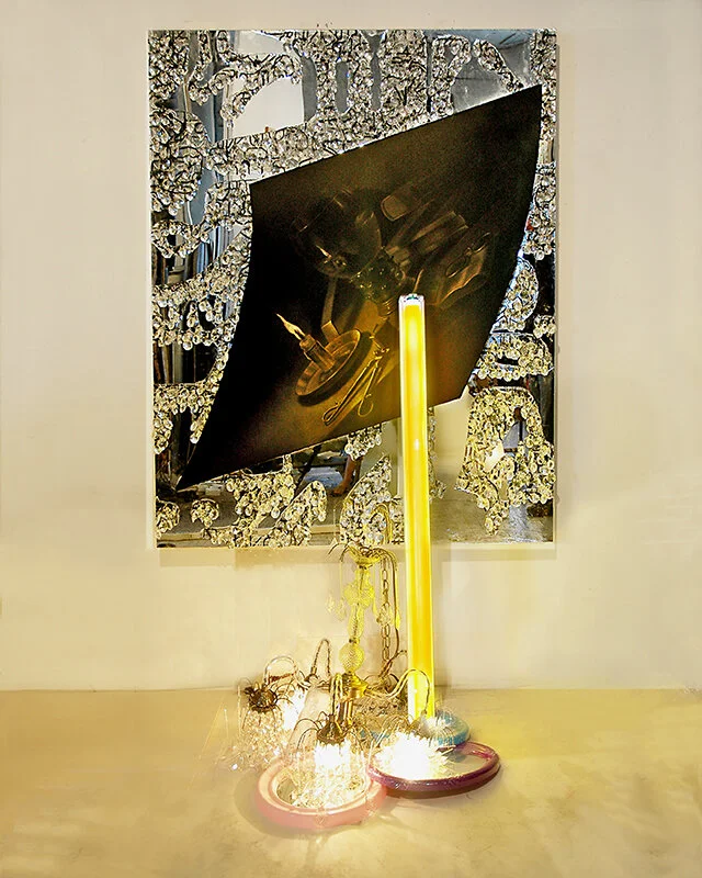 REFLECTIONS #5 Graphite and charcoal on canvas with mixed media on plastic mirror  | 
Sculptural arrangement | 60”x 50”x 40”, 2008