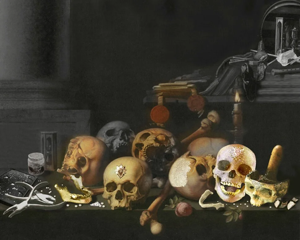 STILL LIFE WITH DIAMOND SKULL, 2010 
After Aelbert Janz van den Schoor, Vanitas Still Life (Skulls on Table), c. 1660 
Oil on canvas, 78”x 96” Provenance: 
Triumph Gallery, Moscow, Russia, 2012 
K Gallery, St. Petersburg, Russia, 2013 
Venet House Ga