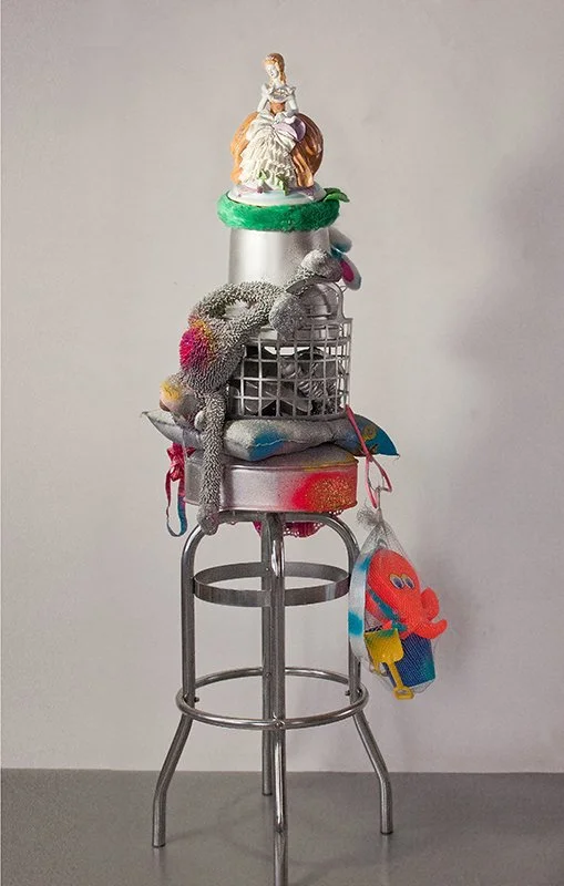 LADY IN WAITING #1, 2013 
Found objects, Italian porcelain figurine, bar stool  58"x 14": 
Provenance: Southampton Art Center, East End Collected 6, 2021