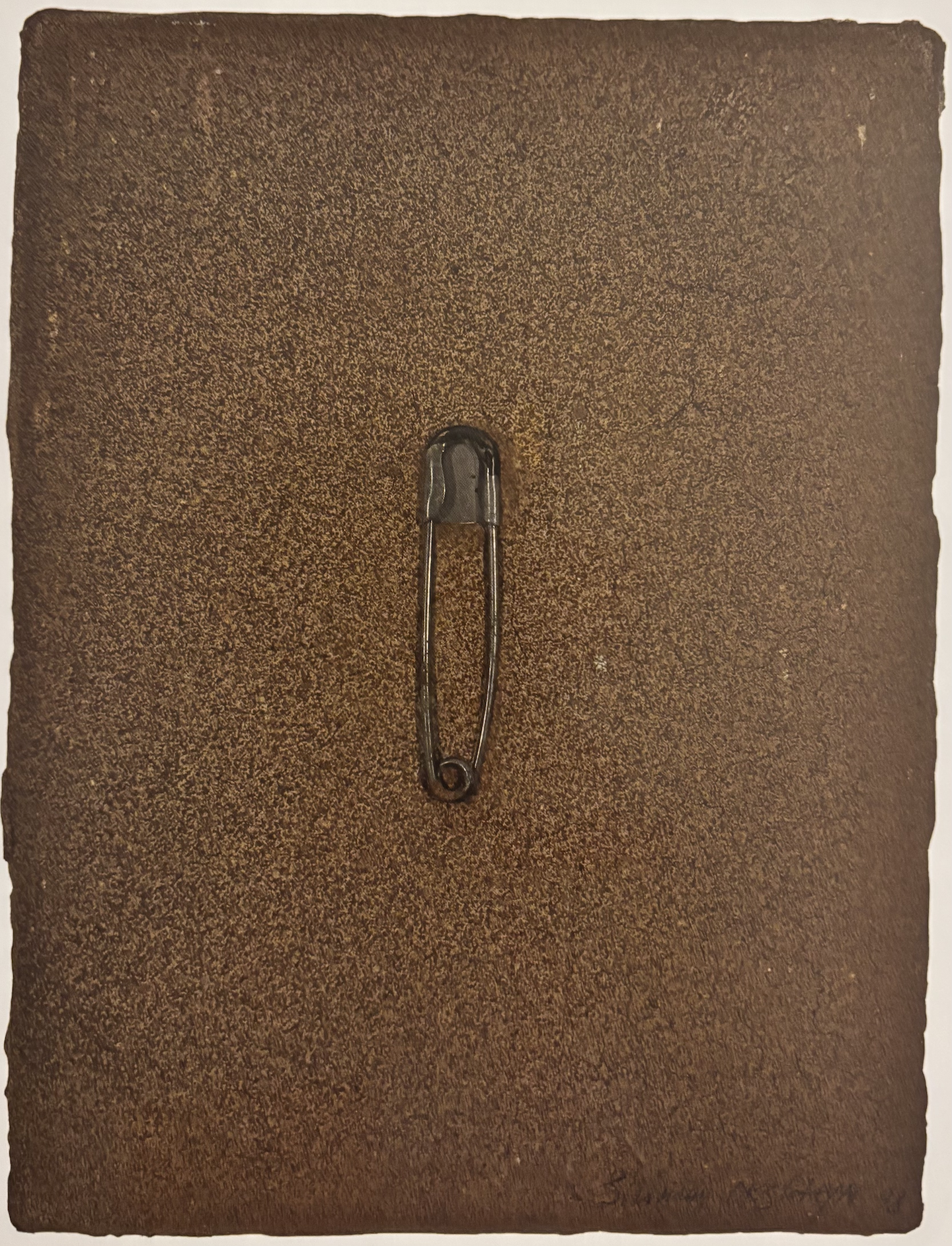 SAFETY PIN, 1998 
Safety pin and oil on canvas 
16 x 14 x 0.5 in. (40.6 x 35.6 x 1.27 cm)