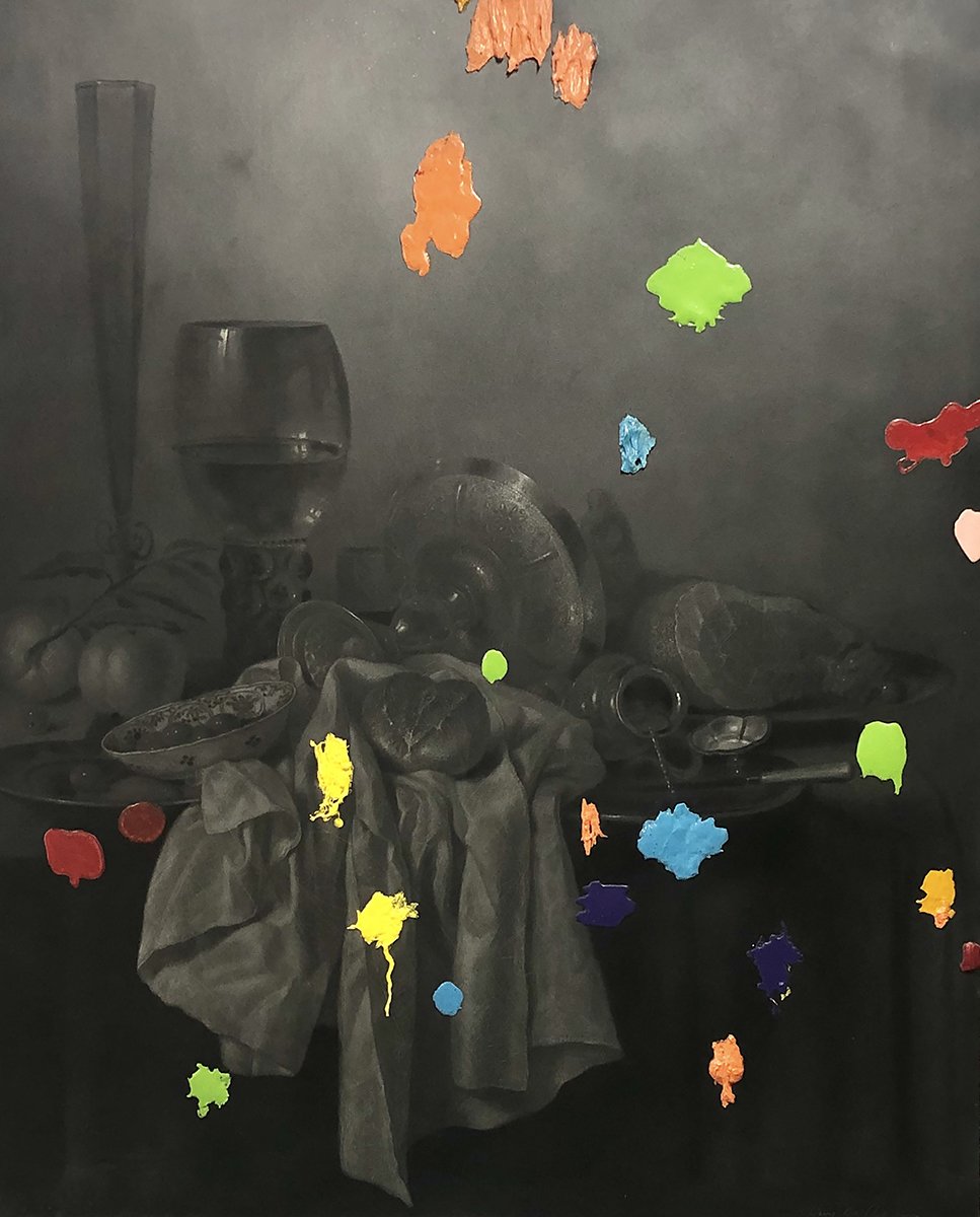 STILL LIFE, 2005 
After Willem Claesz, Heda Still Life, 1651 
Mixed media on canvas, 110”x 86” Provenance:  
Memorial Art Gallery, University of Rochester, Rochester, NY, 2007 
Stux Gallery, NYC, 2005