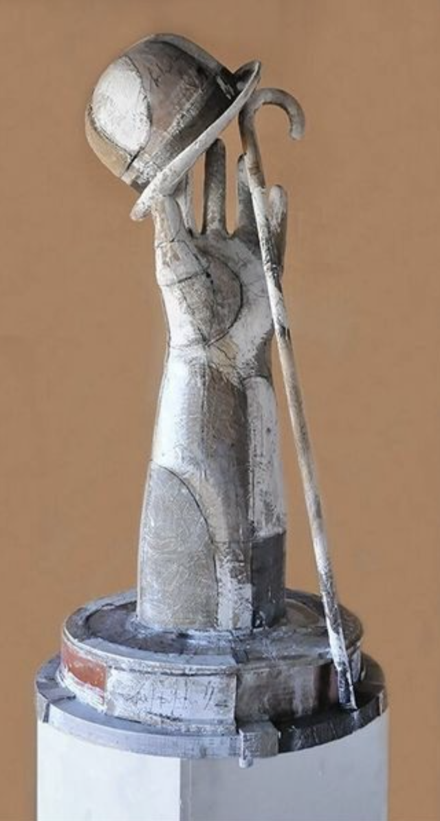 HAND, HAT, CANE, 1999 
Fiberglass, acrylic on canvas, 47 “x 24″ x 24”