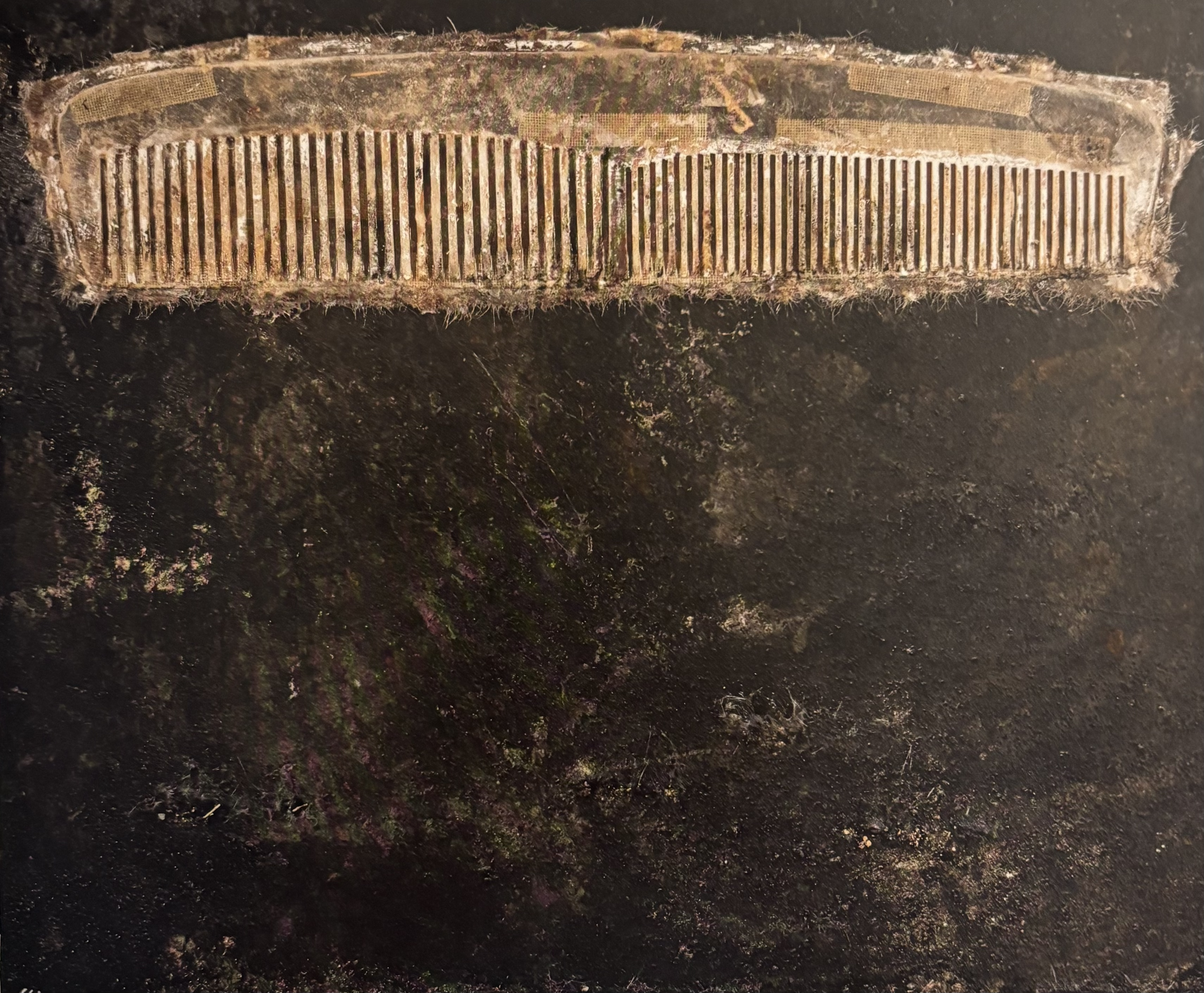 COMB | BROWN, 2002  
Oil, cement, fiberglass comb on canvas 60 x 78 x 1 in. (152.4 x 198.1 x 2.5 cm)