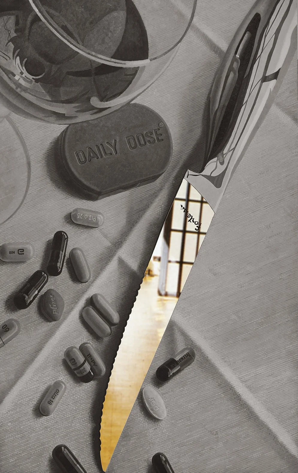 DAILY DOSE, 2008 
Oil on canvas mounted on plastic mirror 
75”x 50”" Provenance: 
Stux Gallery, New York, 2008 
Black & White Gallery / The Solo Project Art Fair, Basel, Switzerland 2011 
Black & White Gallery, Brooklyn, NY, 2017