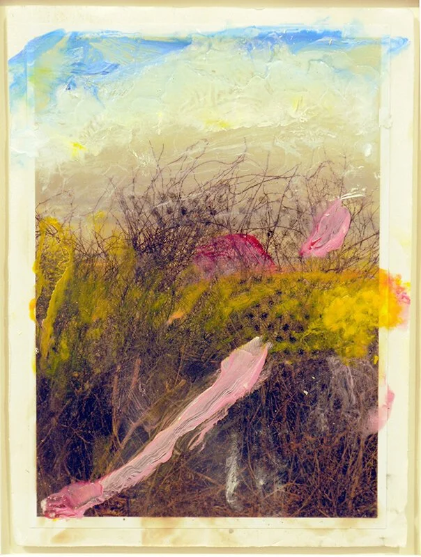 LANDSCAPE #3, 2018 
Mixed media on vintage postcard mounted on board, 7”x 5.5”    Provenance:  Janet Lehr Gallery, Easthampton, NY, 2018
