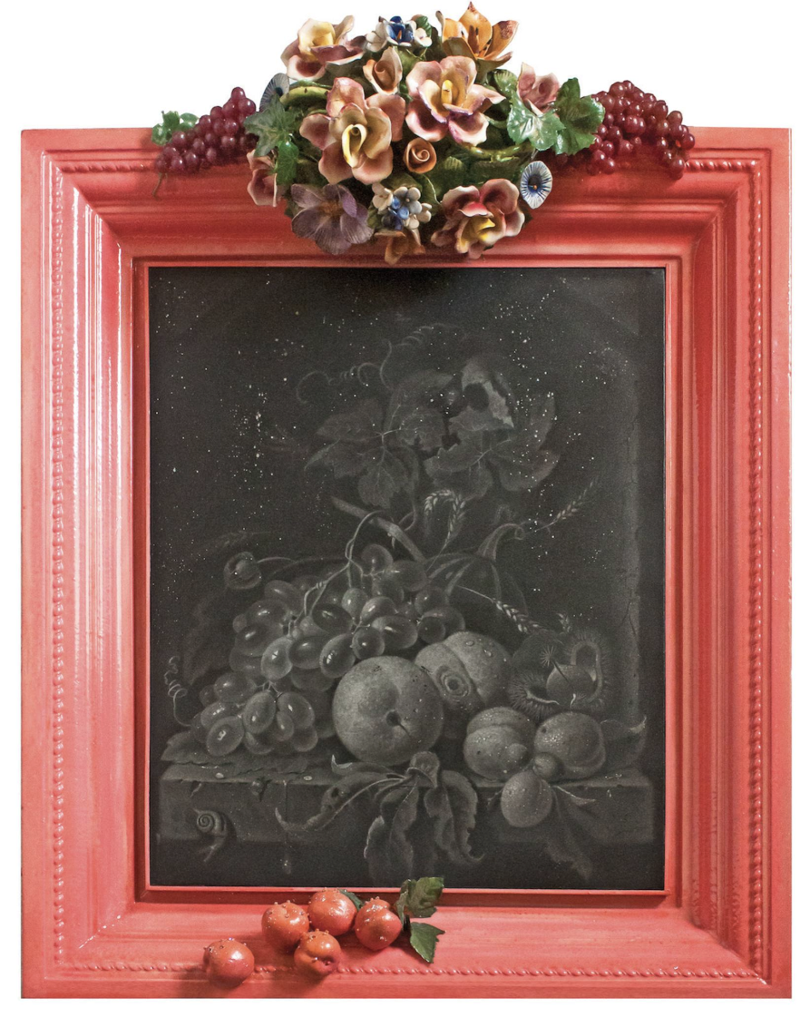 STILL LIFE WITH FLOWERS & FRUITS, 2005 After a Flemish Still Life, 17th century 
Graphite on canvas, mixed media frame, 52”x 42” Provenance:  
Memorial Art Gallery, University of Rochester, Rochester, NY, 2007 
Stux Gallery, NYC, 2005