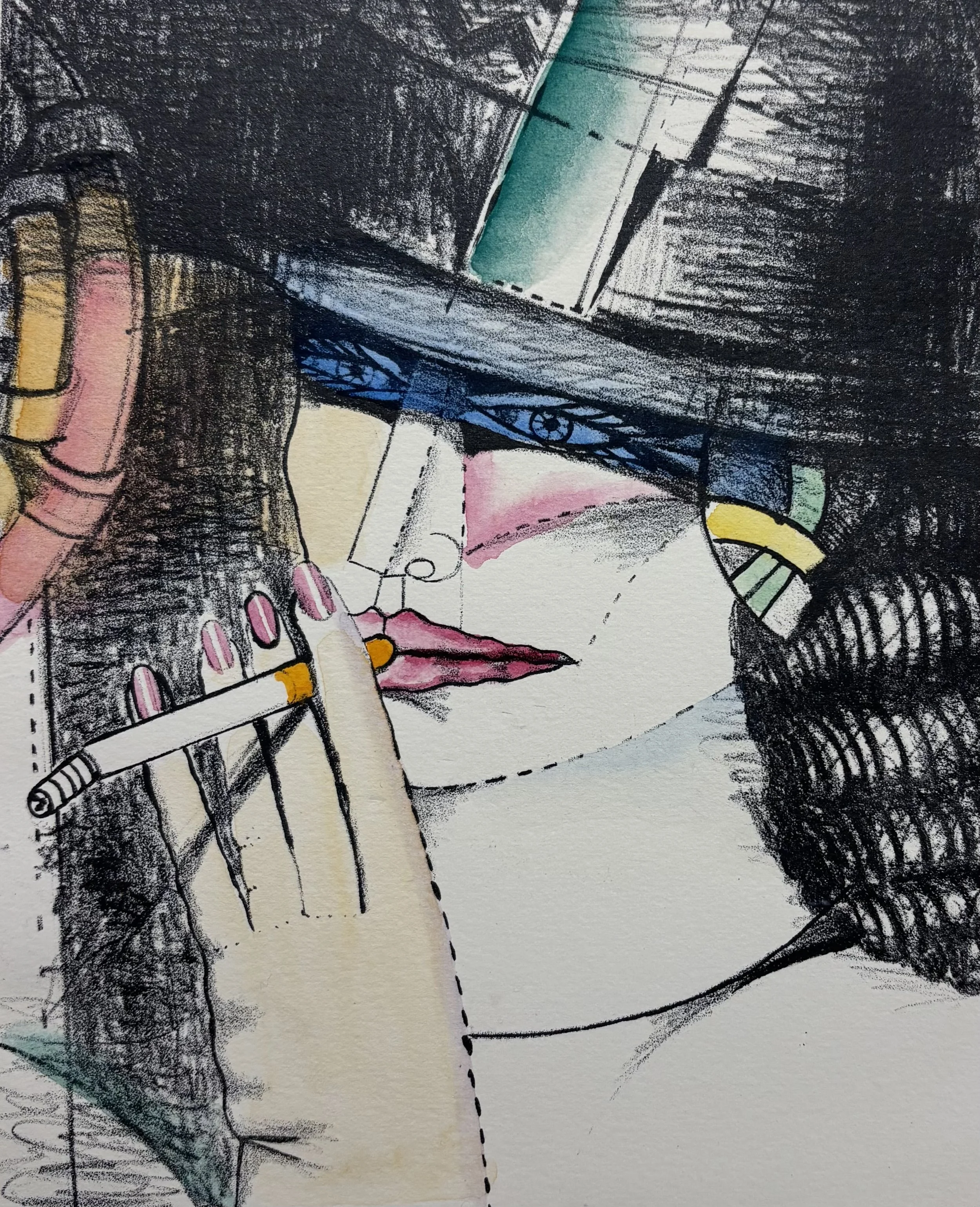 SMOKING CIGS, 1984 
Hand colored etching, 7″x 5″ Edition: 13