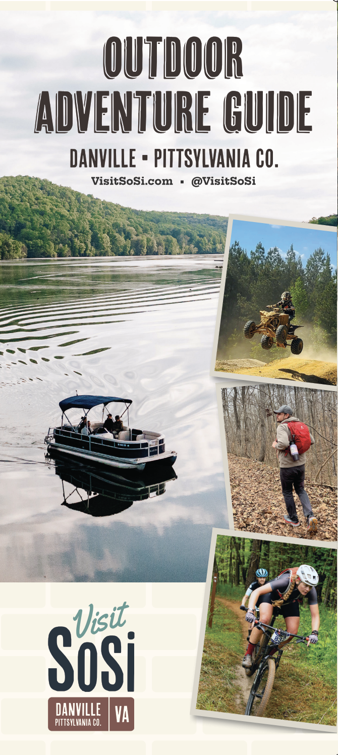 A promotional poster for outdoor adventure activities in Danville, Pennsylvania, featuring images of a boat on a river, a person riding an ATV, a person hiking with a backpack, and a person mountain biking on a trail.