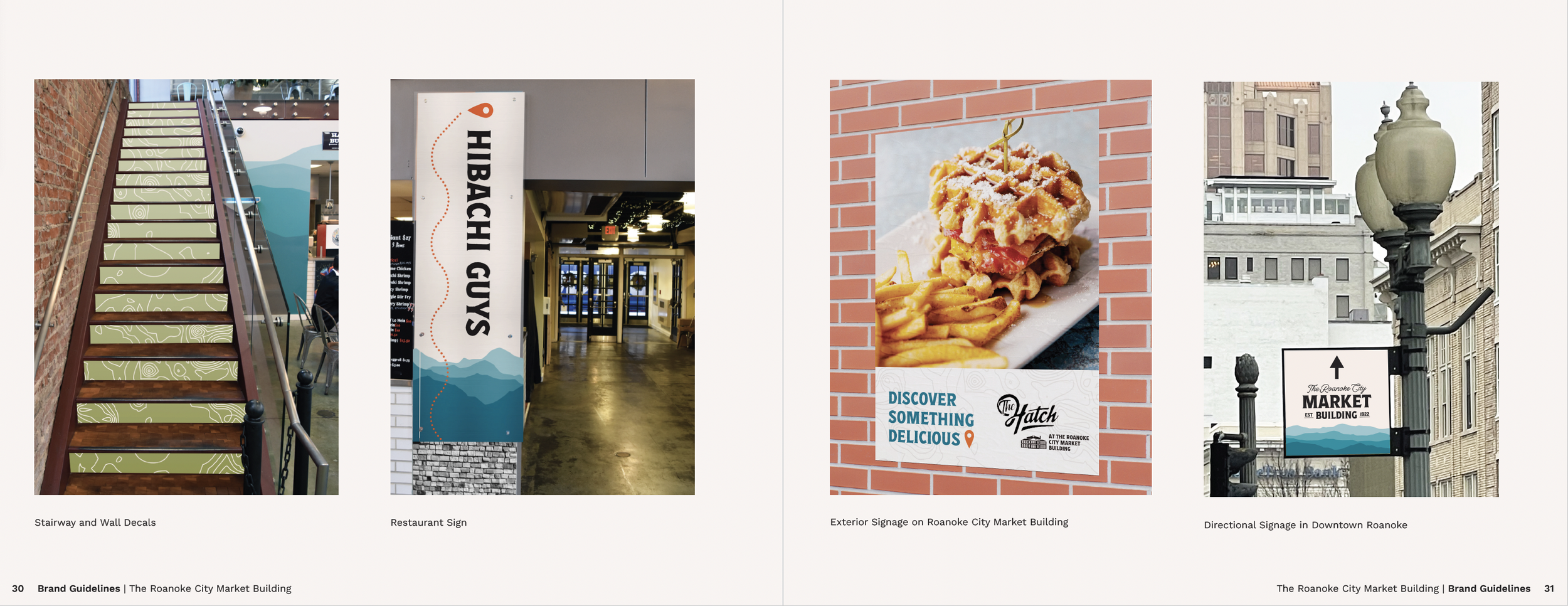 Four images of signage and decor at Roanoke City Market: a stairway with wall decals, a restaurant sign reading 'Hibachi Guys,' exterior signage for The Hatch restaurant on a brick wall, and a downtown directional sign near historic buildings.