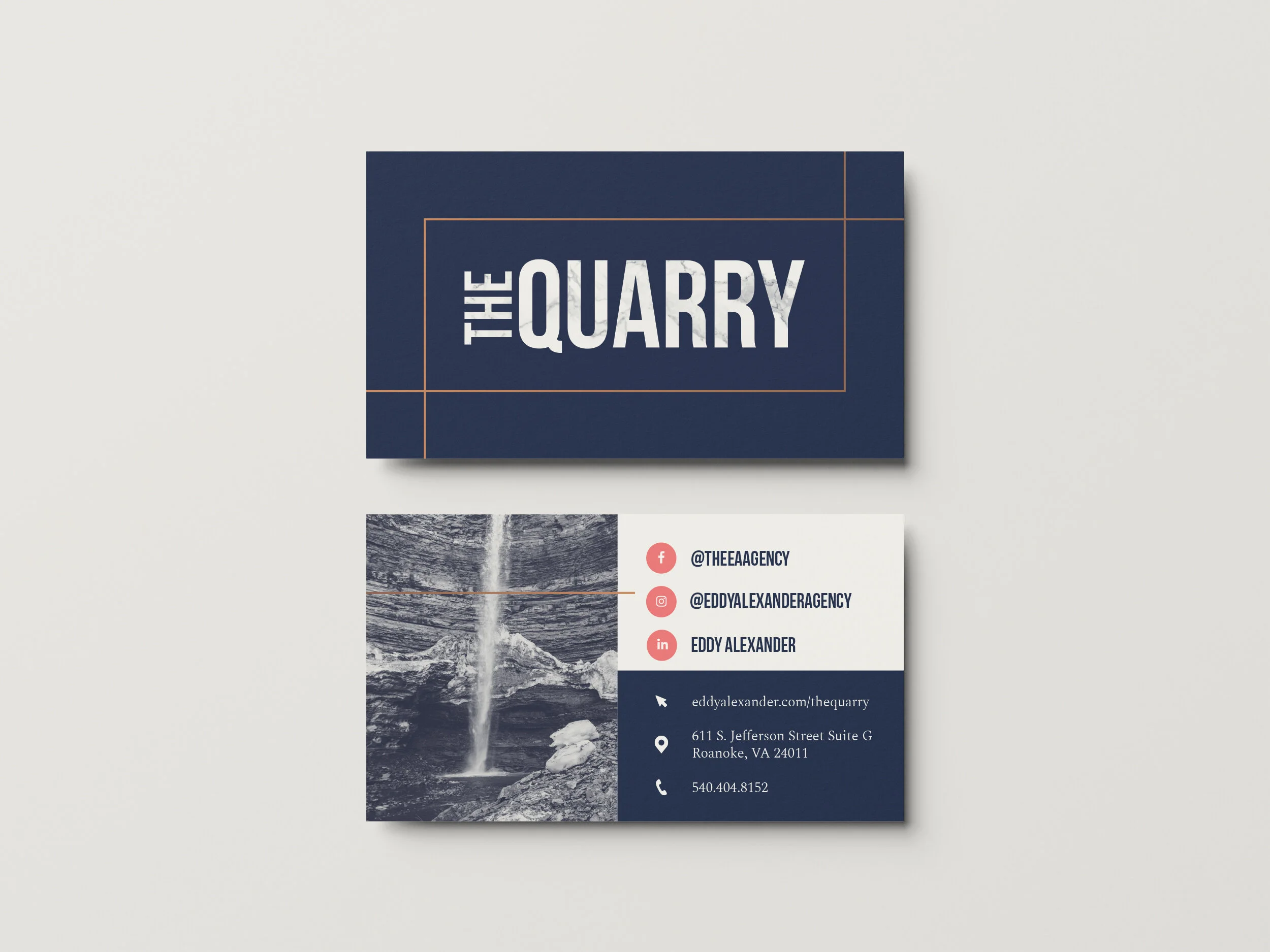 Business card design for Eddy Alexander's agency, featuring the name 'The Quarry' on the front with a dark blue background and geometric lines. The back displays a waterfall image, contact information, social media icons, and the agency's website, address, and phone number.