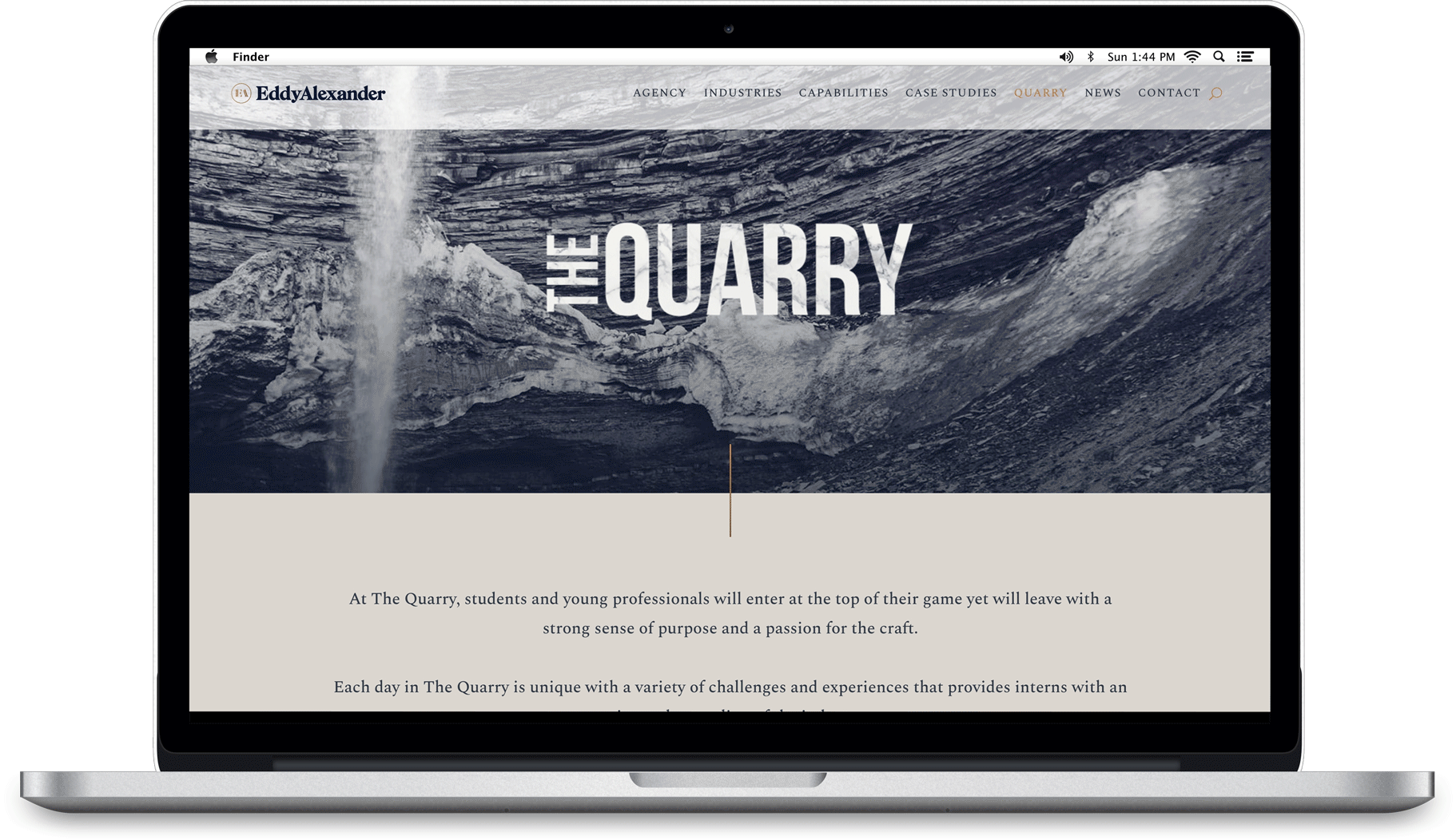 Website landing page for The Quarry with a background image of a rocky quarry and waterfall, and the headline 'The Quarry'.