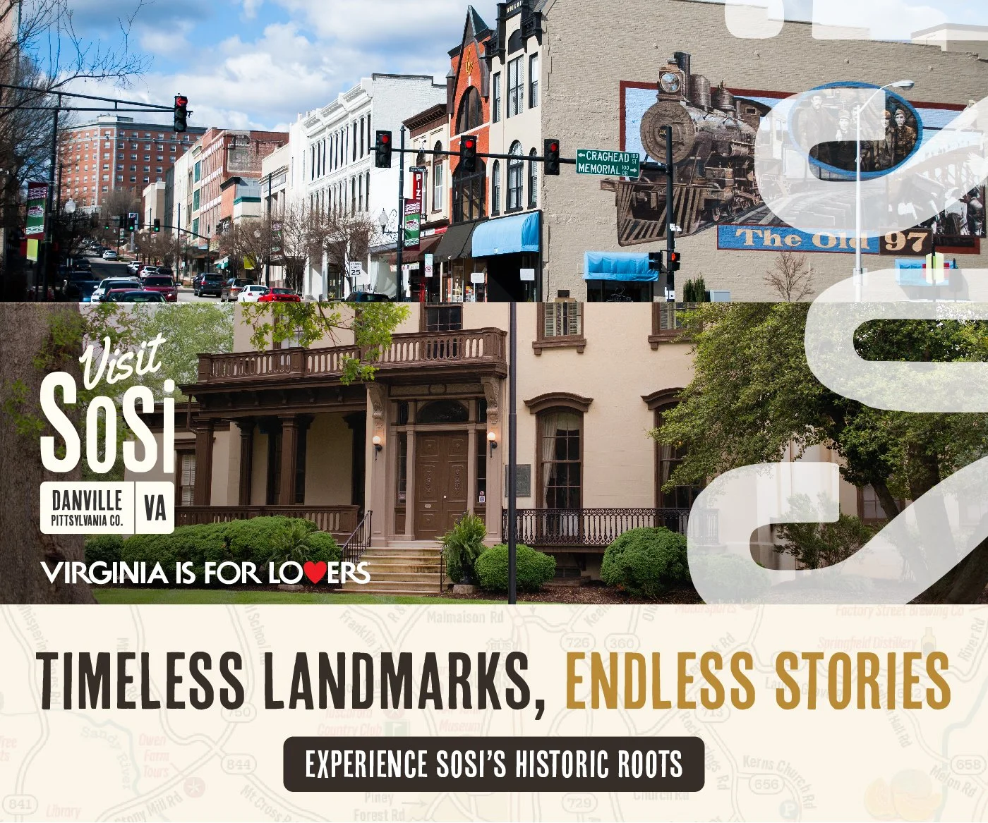 A promotional image for Danville, Virginia, featuring historic buildings, a mural of a steam train, and a street scene with buildings, trees, and traffic lights.