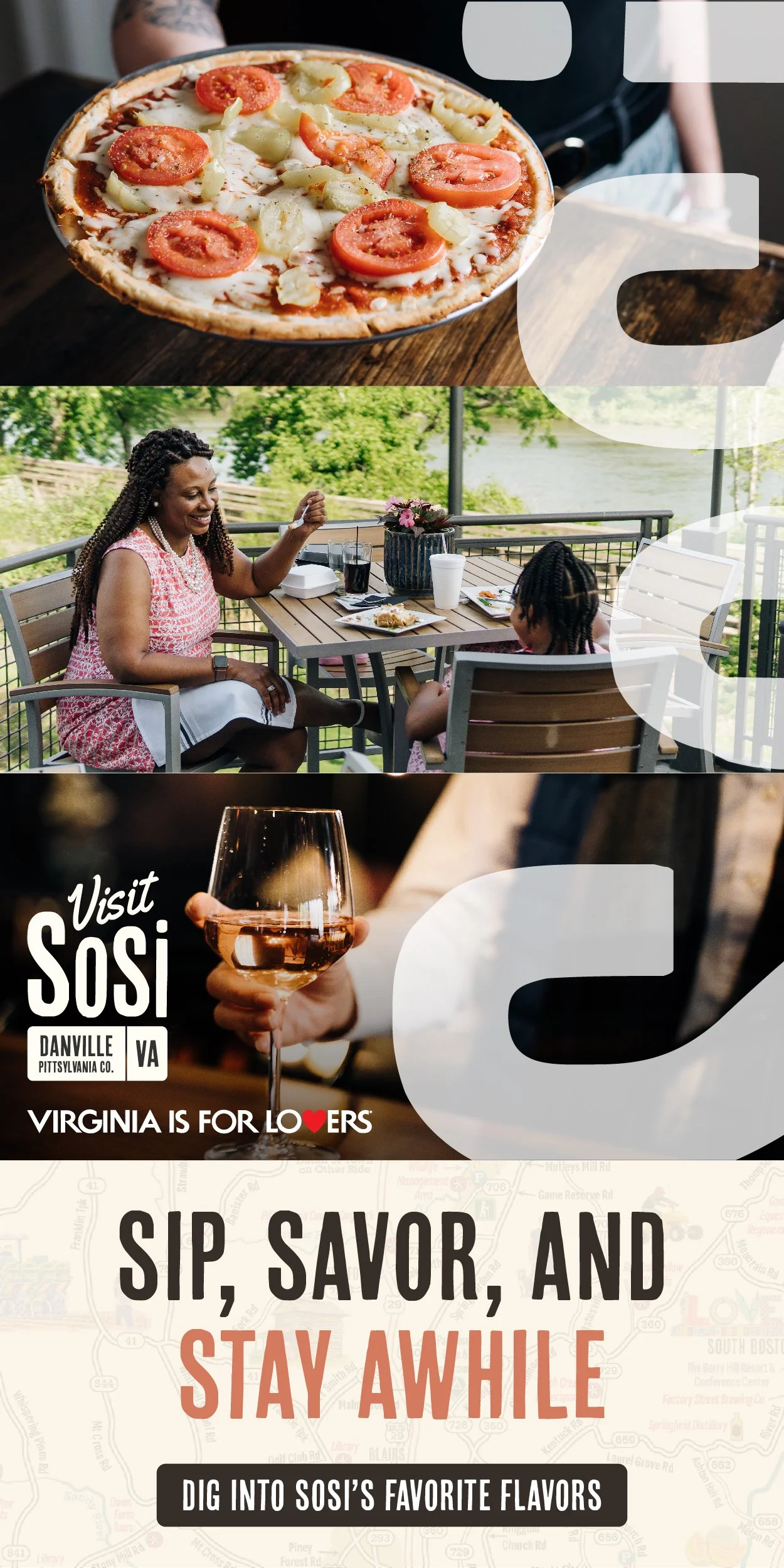A pizza with tomatoes, pineapple, and cheese, a woman and a girl enjoying a meal on an outdoor patio with a river view, a glass of rosé wine, and a promotional graphic for Sosi restaurant in Danville, Virginia, with the slogan "Virginia is for Lovers