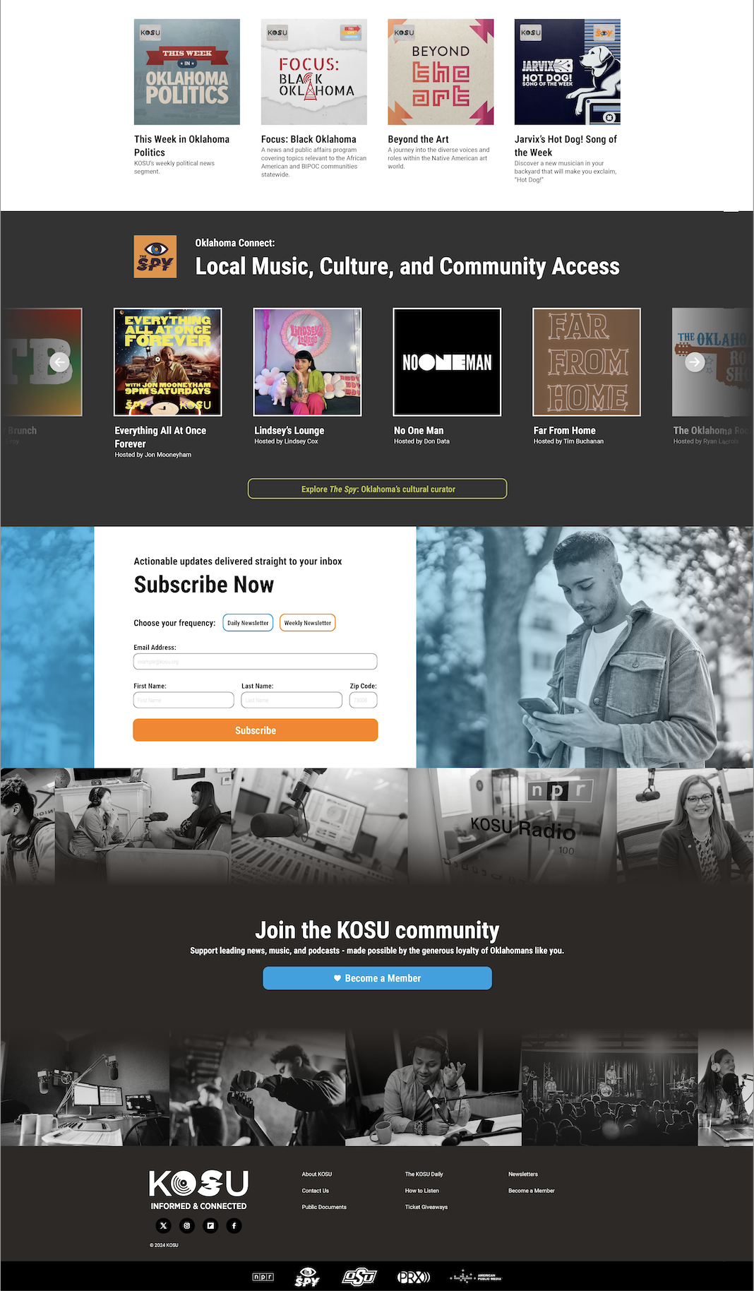 Screenshot of Oklahoma-based KOSU radio and media website featuring podcasts, community access, subscription form, and images of radio studio and event audience.