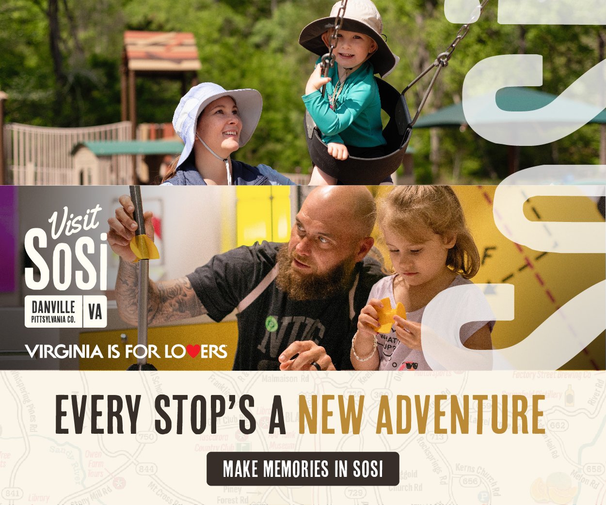 A woman and a young girl at a playground enjoying outdoor activities. In the top part, a woman smiles while a girl sits in a swing, wearing a hat. In the bottom part, a man and a young girl are engaging in a hands-on activity, with the man holding a 
