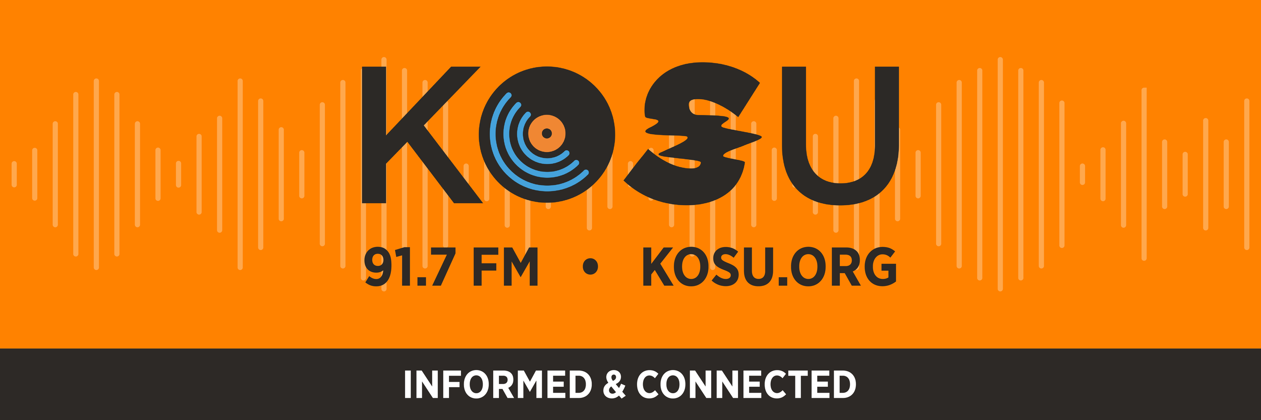 Radio station KOSU logo with orange background, black text, soundwave graphic, and tagline 'Informed & Connected'