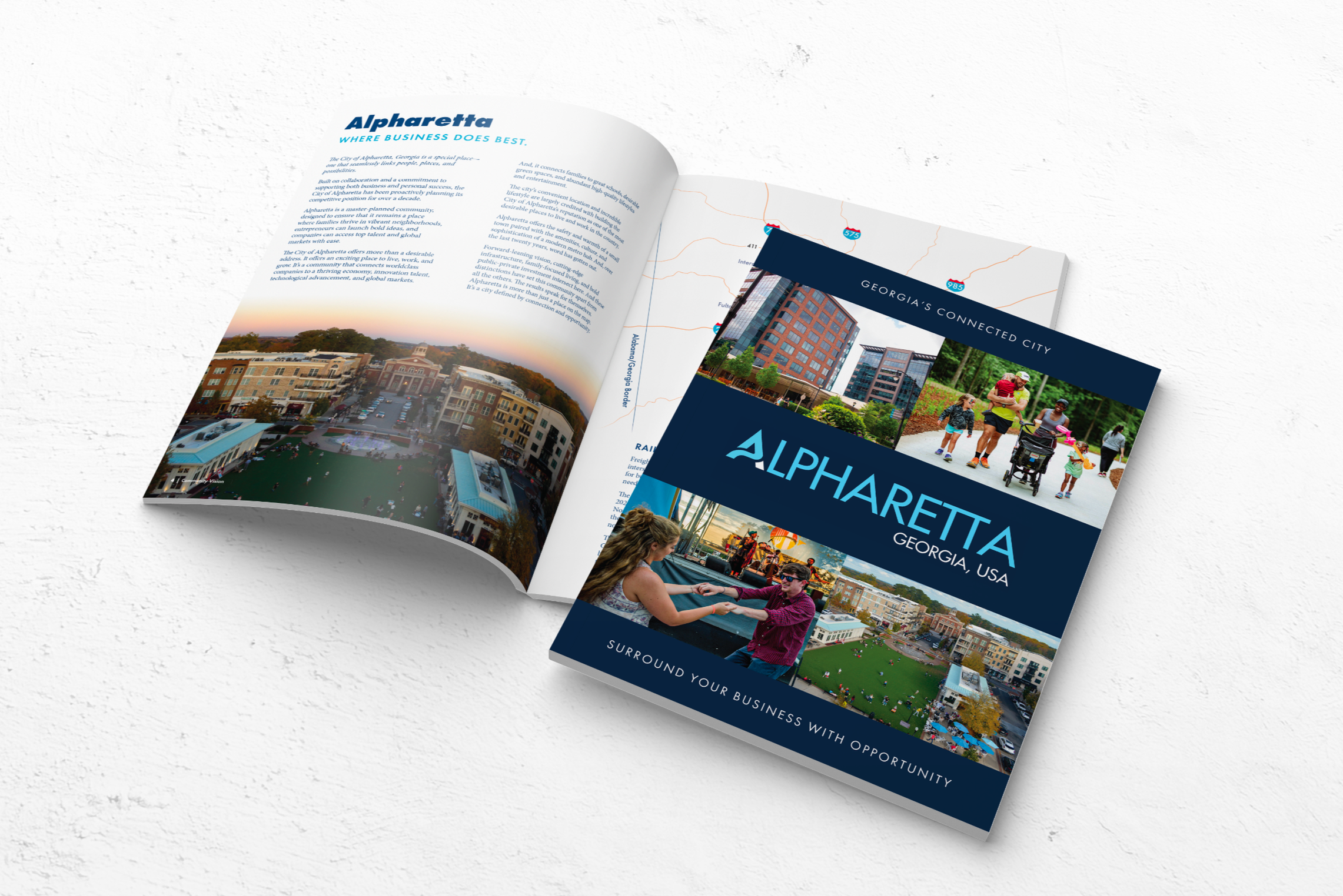 A brochure for Alpharetta, Georgia, USA, featuring images of the city, businesses, parks, and people enjoying outdoor activities.