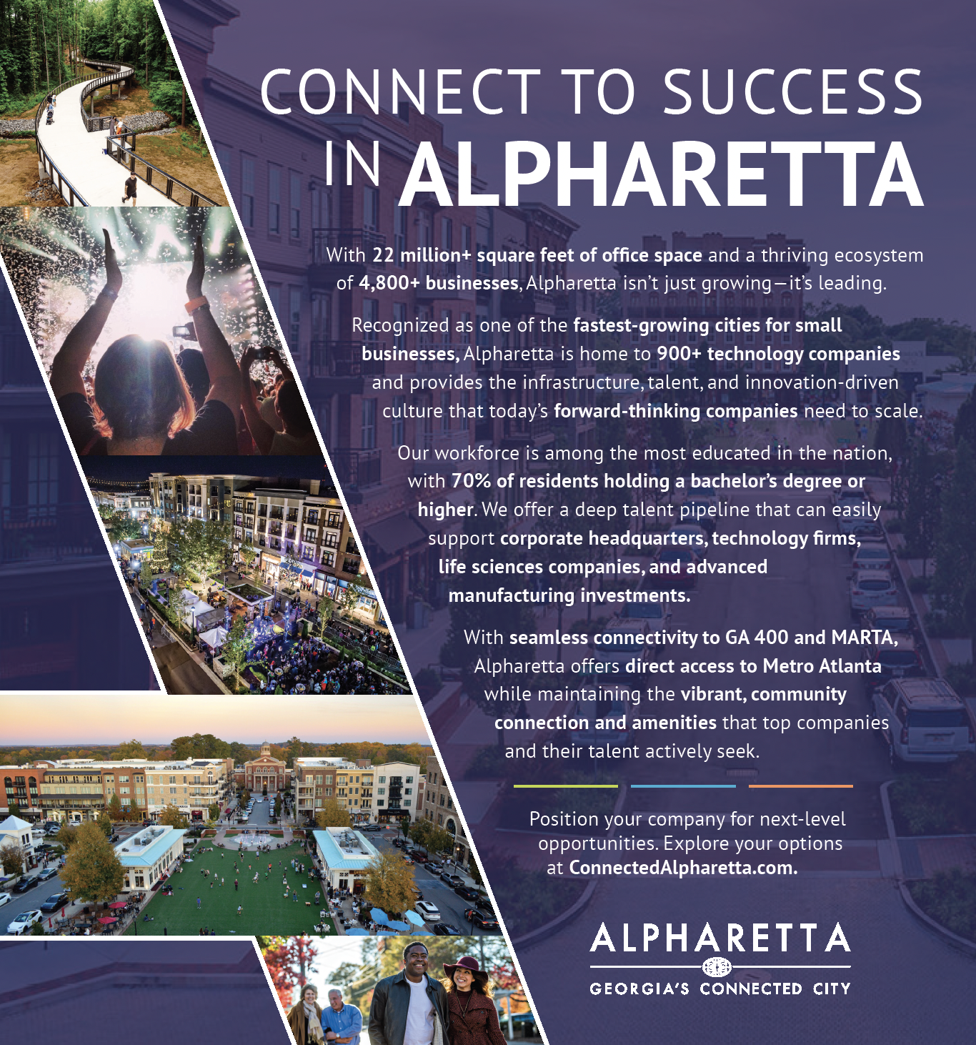 Flyer promoting Alpharetta, Georgia, highlighting its office space, technology companies, vibrant community, and connectivity with images of parks, events, and cityscapes.
