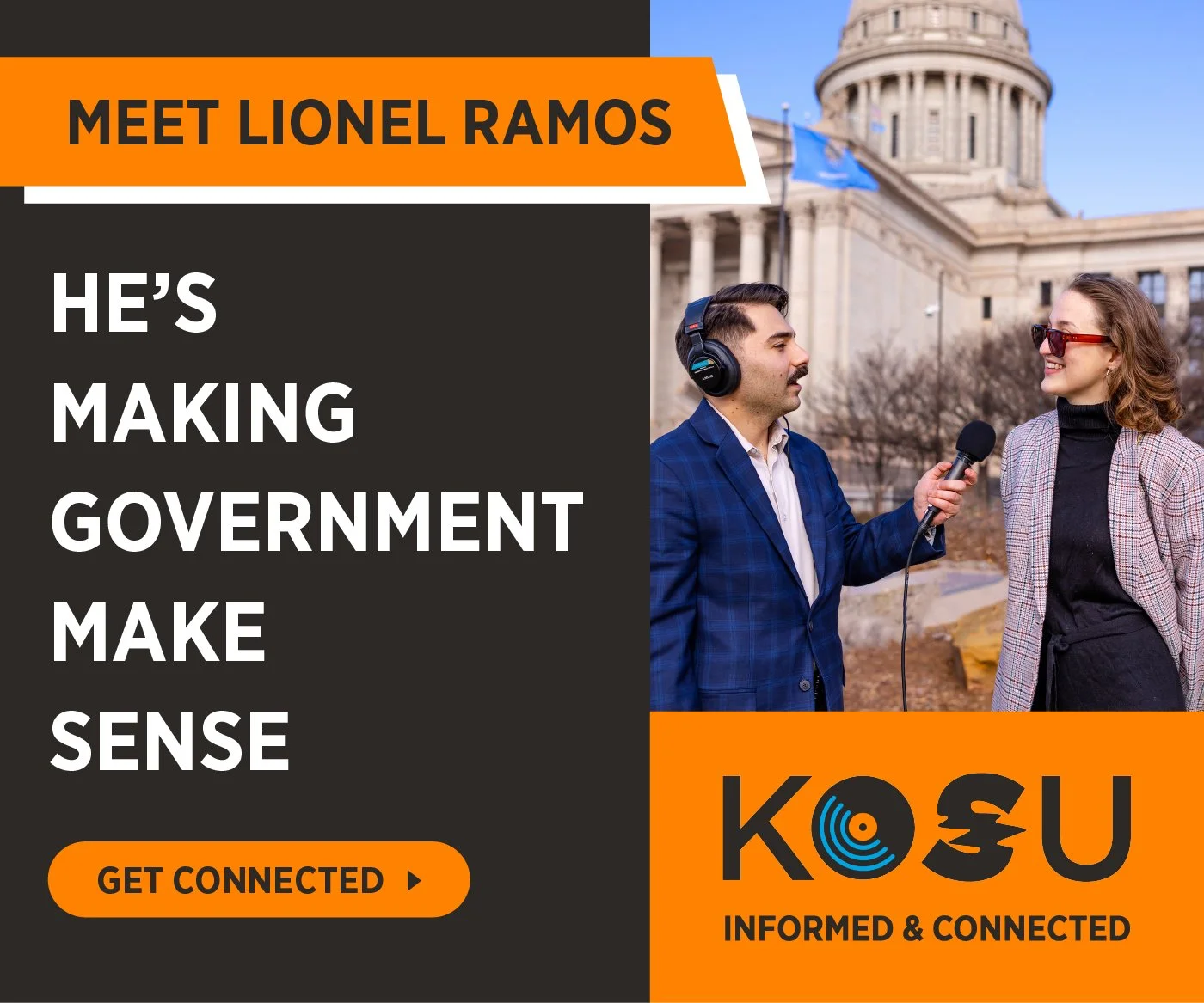 A promotional graphic featuring a journalist conducting an interview with a woman outdoors in front of a government building. The graphic includes bold text about the organization KOSU, promoting informed and connected citizens.