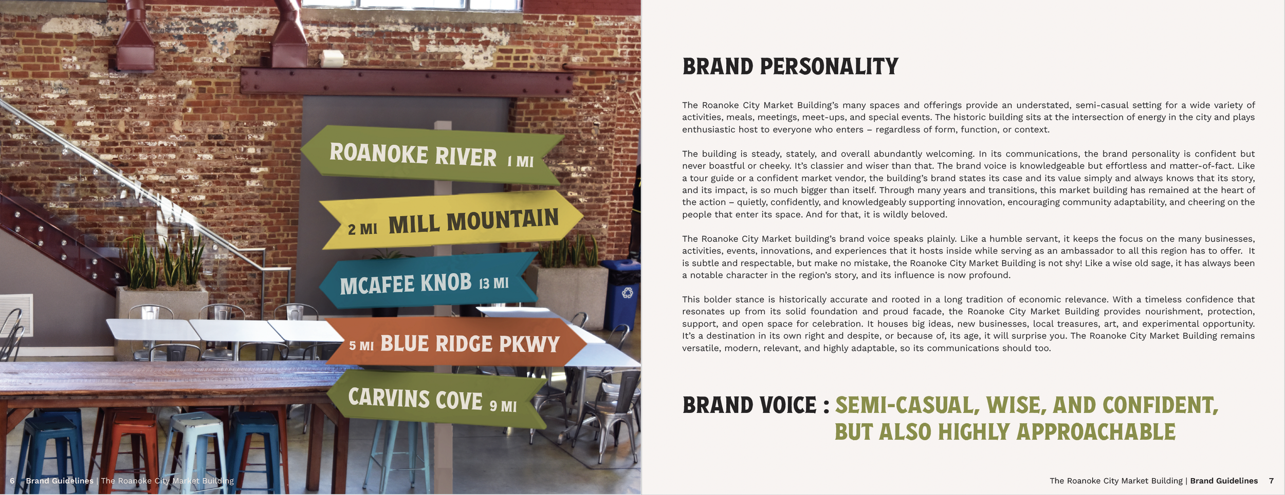 Signpost within a brick-walled indoor space with directional signs indicating distances to Roanoke River, Mill Mountain, McAfee Knob, Blue Ridge Parkway, and Carvins Cove near tables and chairs.