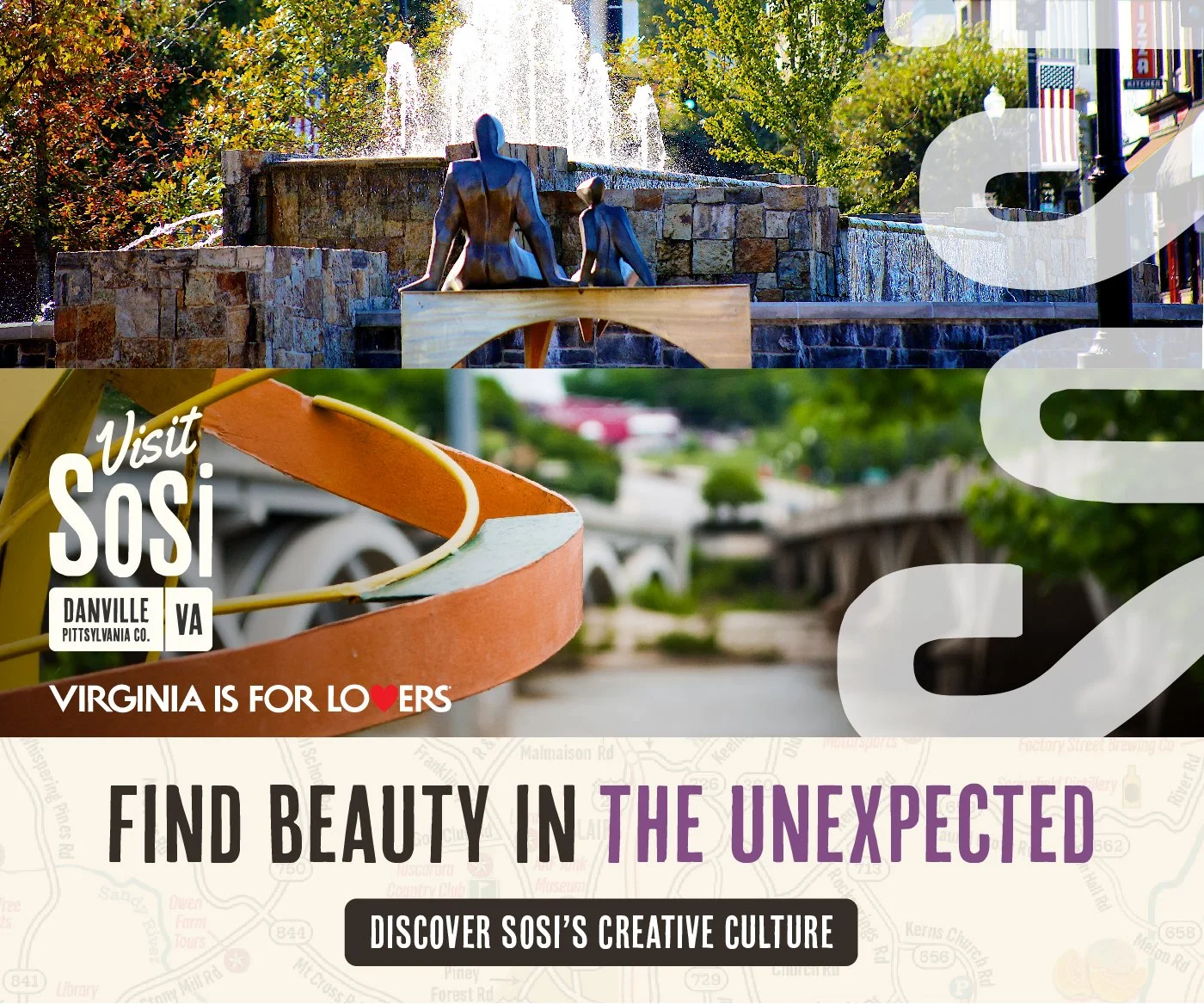 The image features an outdoor scene with a fountain topped by a bronze sculpture of two abstract human figures, surrounded by greenery and buildings. There is also a promotional graphic with the text 'Visit Sosi Danville VA,' an orange and white deco