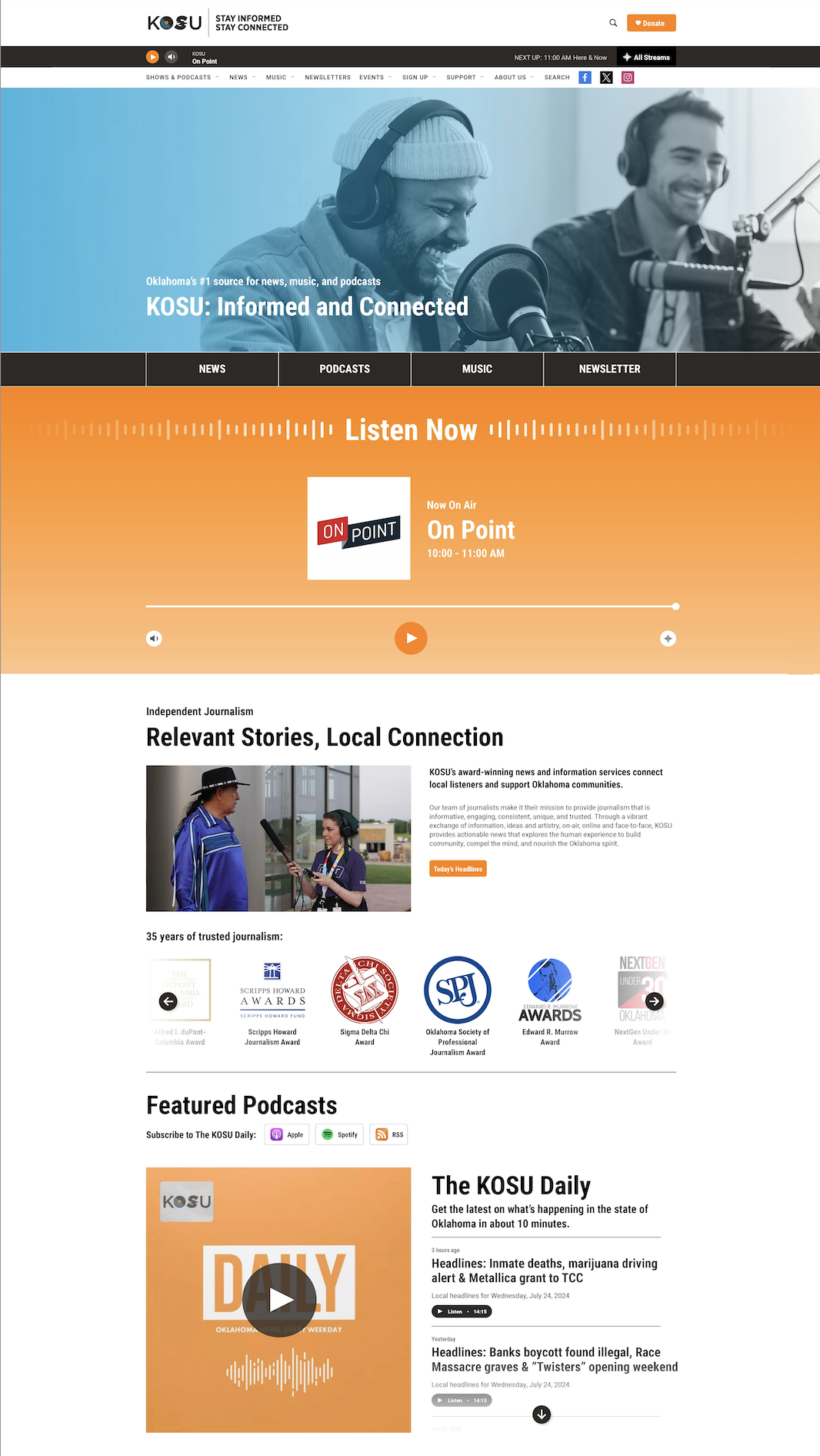 Screenshot of the KOSU website homepage, featuring a blue-toned banner with two radio hosts wearing headphones and speaking into microphones. The site promotes news, podcasts, and music, with a live radio broadcast section titled 'On Point' airing fr