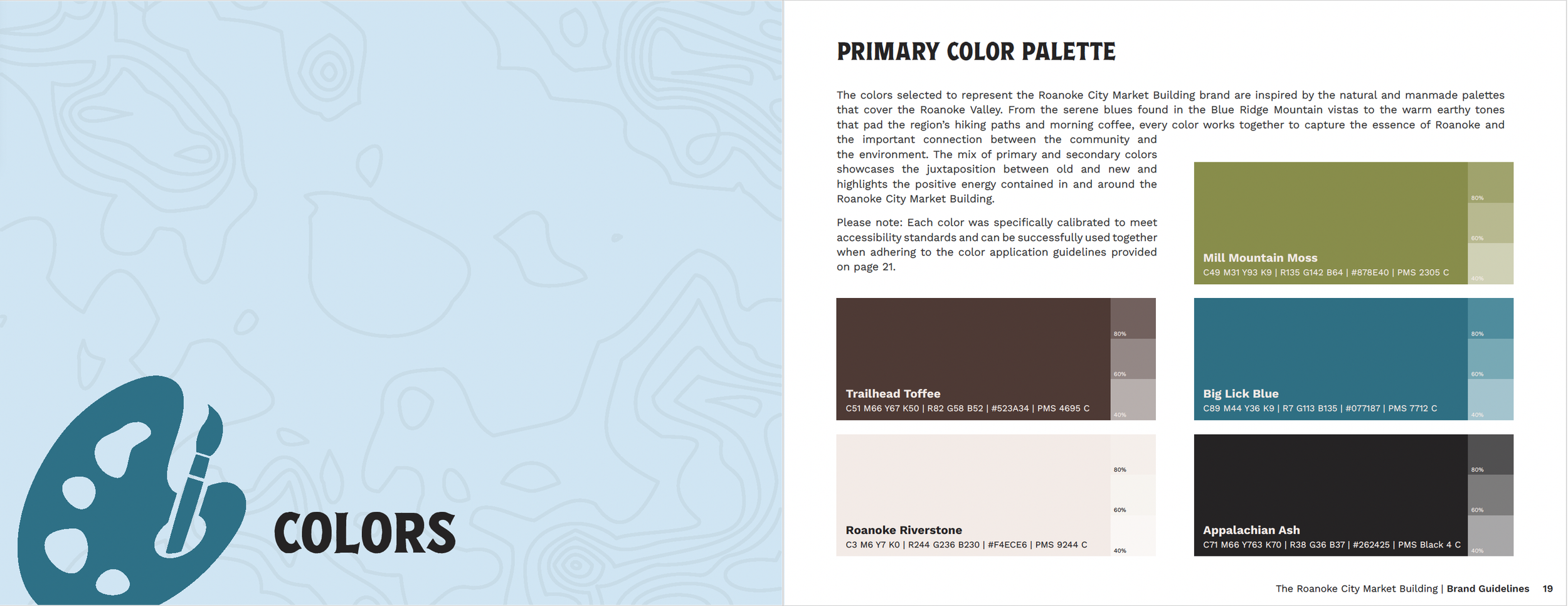 A color palette guide for the Roanoke City Market Building brand, featuring swatches of Mill Mountain Moss, Trailhead Toffee, Roanoke Riverstone, Big Lick Blue, and Appalachian Ash with descriptions and color codes.