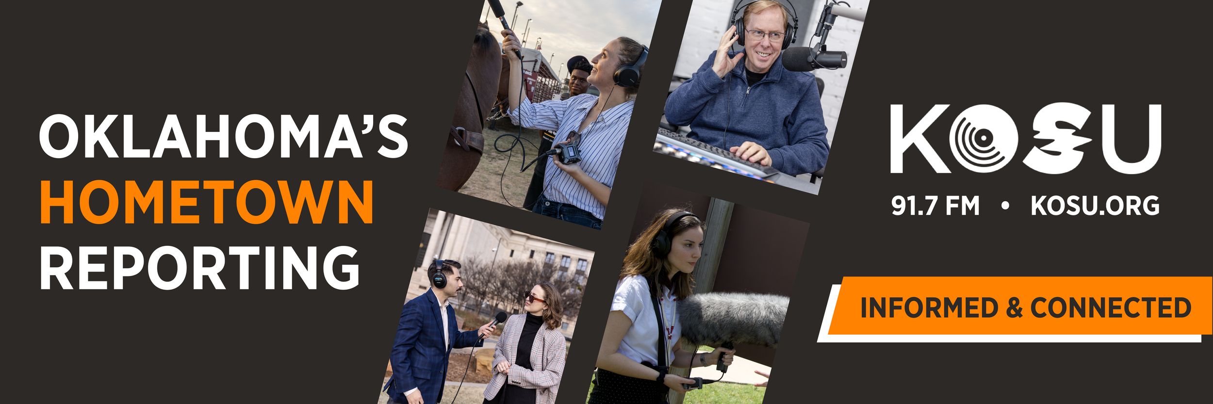 A promotional banner for Oklahoma's hometown reporting on KOSU radio station, featuring photos of diverse reporters and broadcasters with microphones and headphones, and the station's logo, frequency, website, and slogan 'Informed & Connected'.