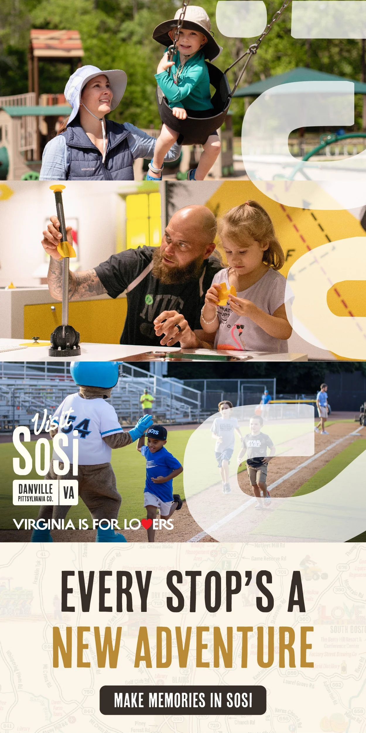 A collage of three images promoting SOSI in Virginia. The first shows a woman pushing a smiling child on a playground swing. The second depicts a man and a girl engaged in a science activity in an indoor setting. The third features children playing b