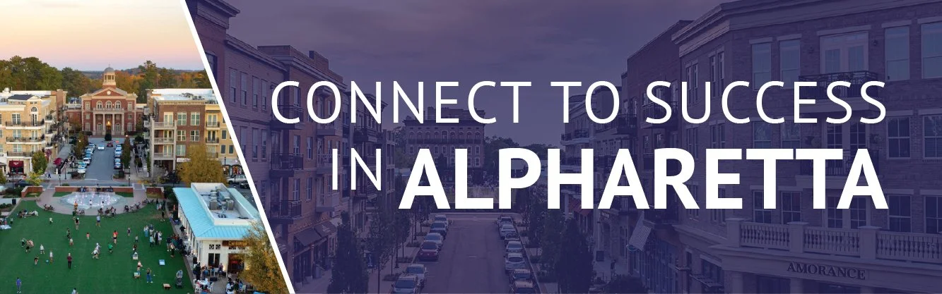 Aerial view of Alpharetta city with a park, buildings, and a street, overlaid with the text "Connect to Success in Alpharetta".