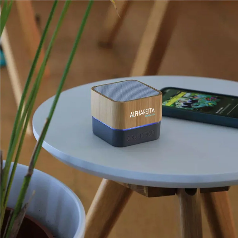 A small wooden and black speaker on a white circular table next to a smartphone with a colorful screen, with green plant leaves in the foreground.