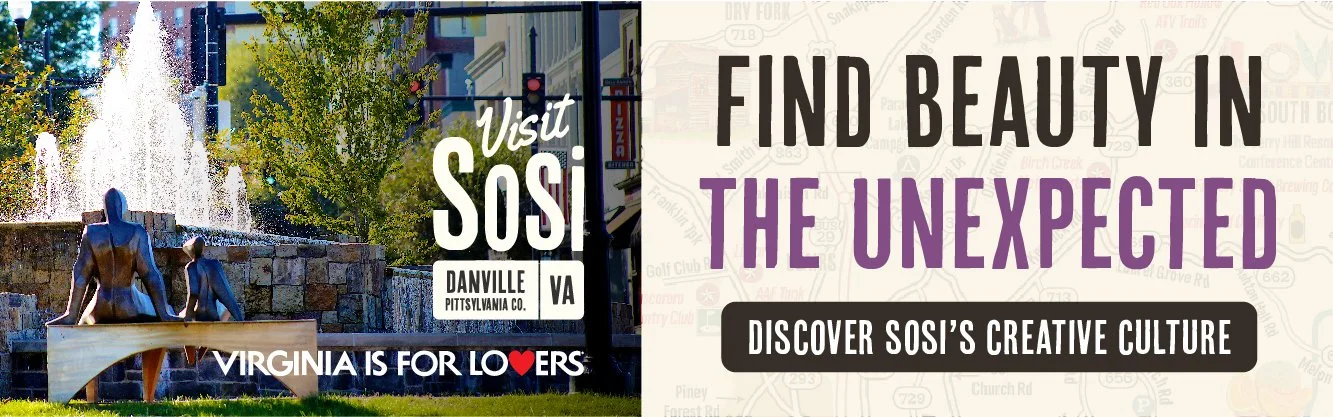 A promotional graphic for visiting SOSI in Danville, Virginia. The left side shows a fountain with a sculpture of a woman and child sitting on a bench in front, with trees and buildings in the background. The right side features text reading "Find be